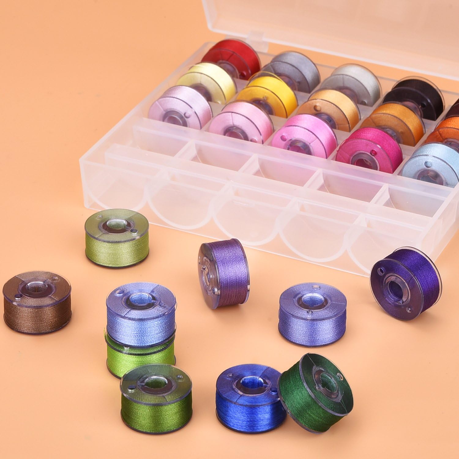 eBoot 25 Sewing Machine Bobbins with Assorted Colors Sewing Thread in Case Compatible with Brother/Babylock/Janome/Kenmore/Singer