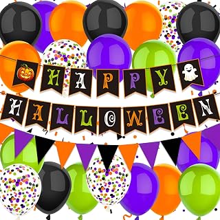 22pcs Halloween Balloon Decorations, Happy Halloween Banner And Paper Triangle Flag, Purple Green Orange And Black Balloon For Scary Birthday Party Decorations