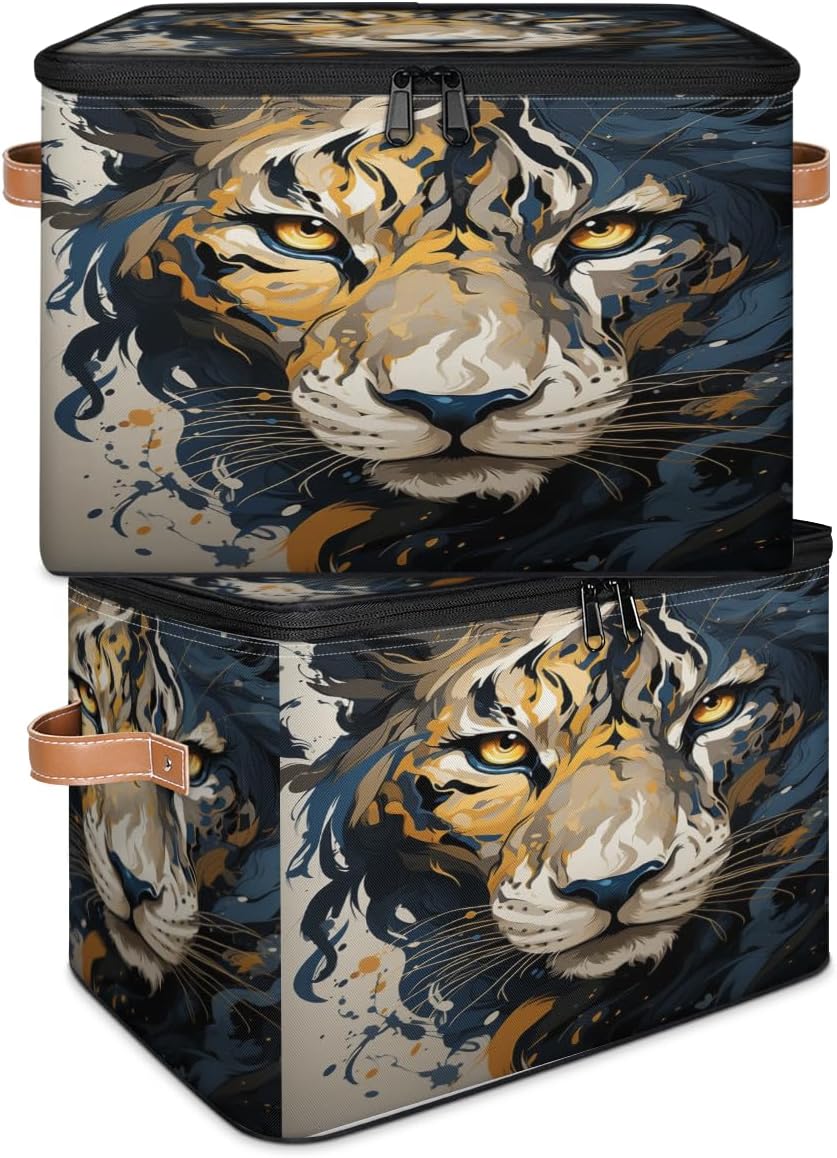 Storage Bin Set of 2 3D Leopard Storage Basket with Zipper Lid & Handle Foldable Closet Shelf 2 Pack Cloth Organizer Basket Cube Bins Clothes Organizer for Bedroom, Nursery