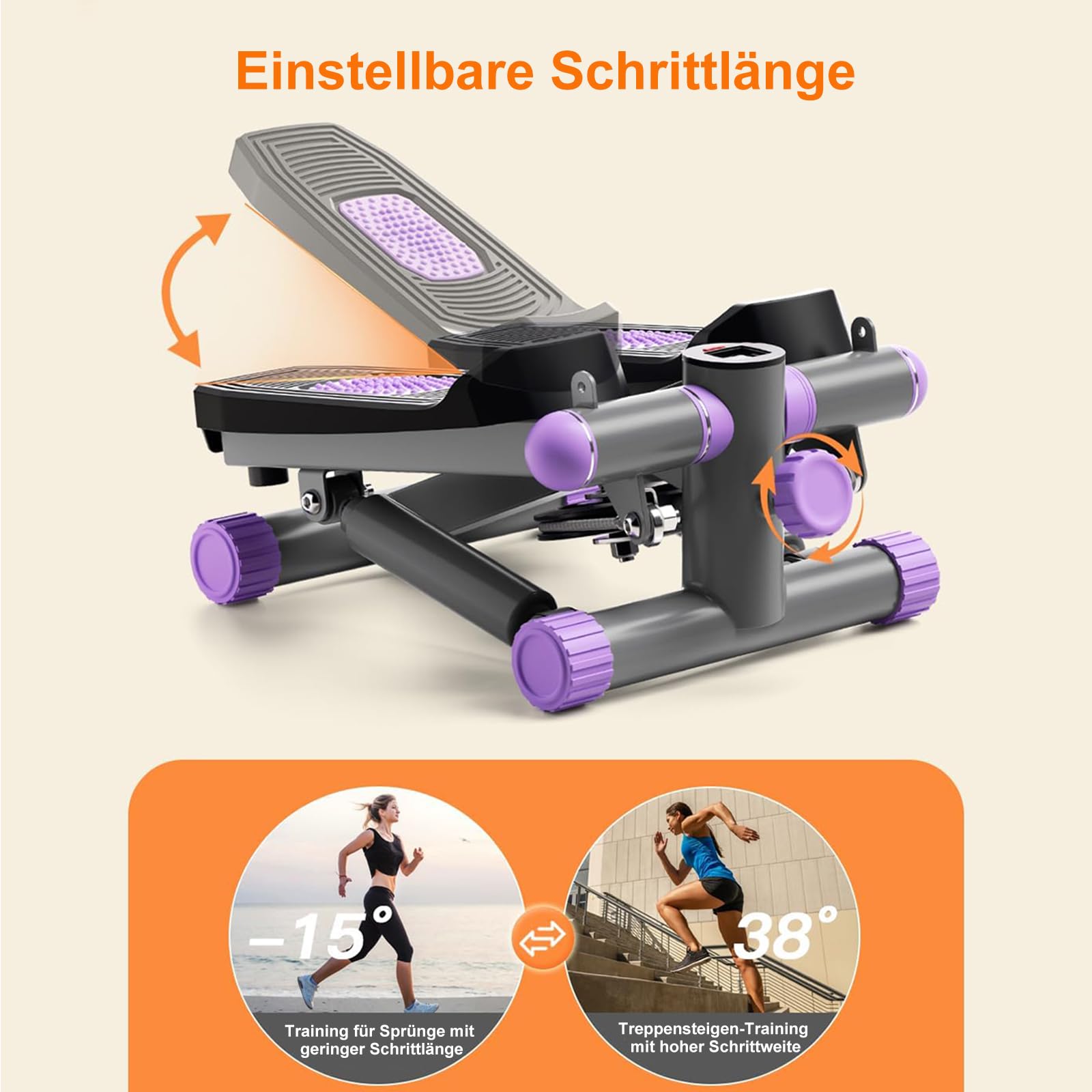 Stepper für Zuhause, Mini Stepper 150kg mit Power Ropes, Up-Down Swing steper Hometrainer mit LCD Display, 2 in 1 Einstellbarer Widerstand Trainingsgerät für Beine/Arme/Gesäß Training