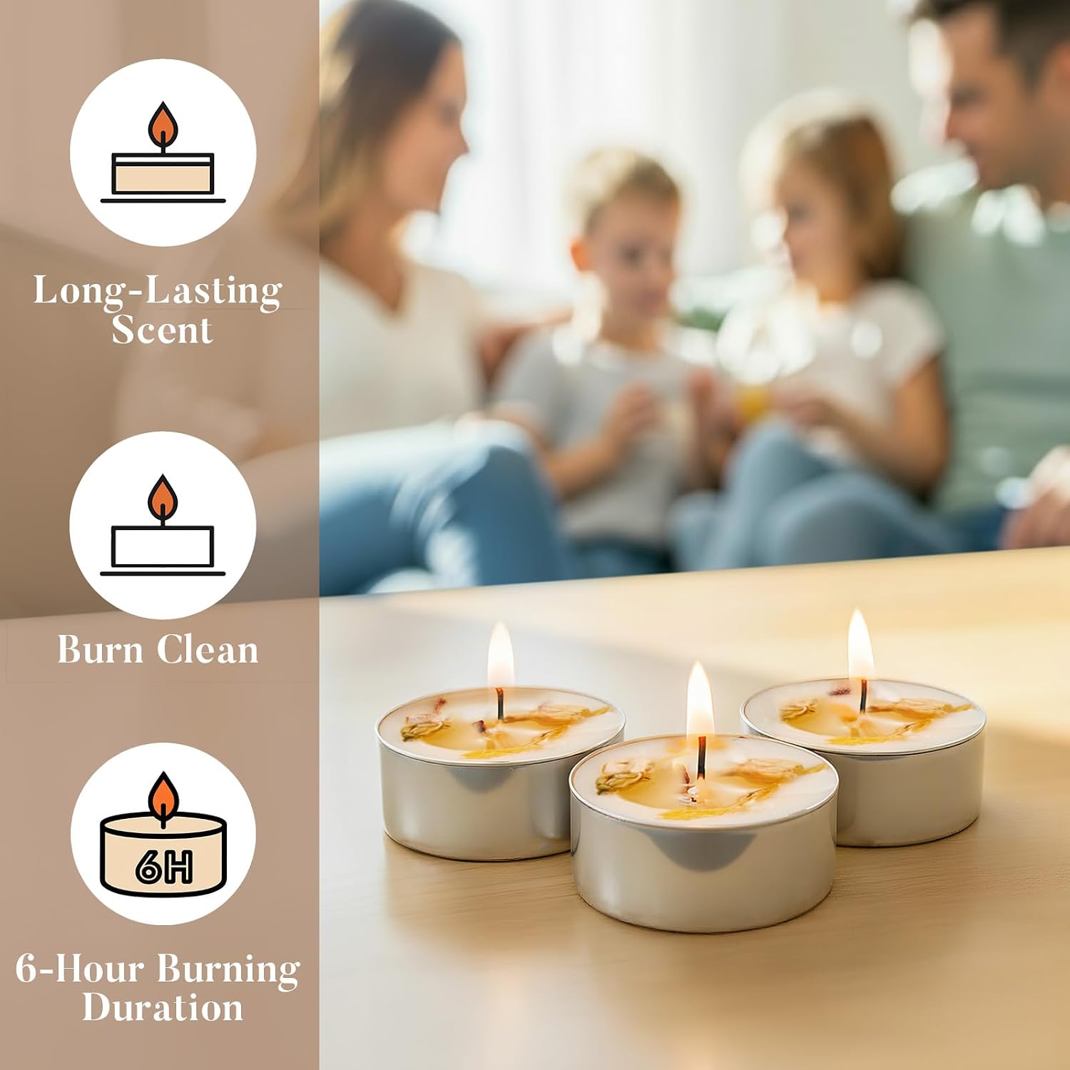 Ashlux Jasmine Scented Tealight Candles 48 Pack, 4-Hour Soy Wax Tea Candle | with Dried Flowers, Smokeless, Clean Burn, for Bath, Relaxaion, Wedding, Home Decor