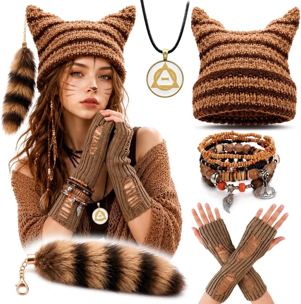 Therian Therian Stuff Gear Set 5 Pcs – Y2K Grunge Accessories Kit with Therian Necklace,Beanie, Tail, Arm,Bracelets