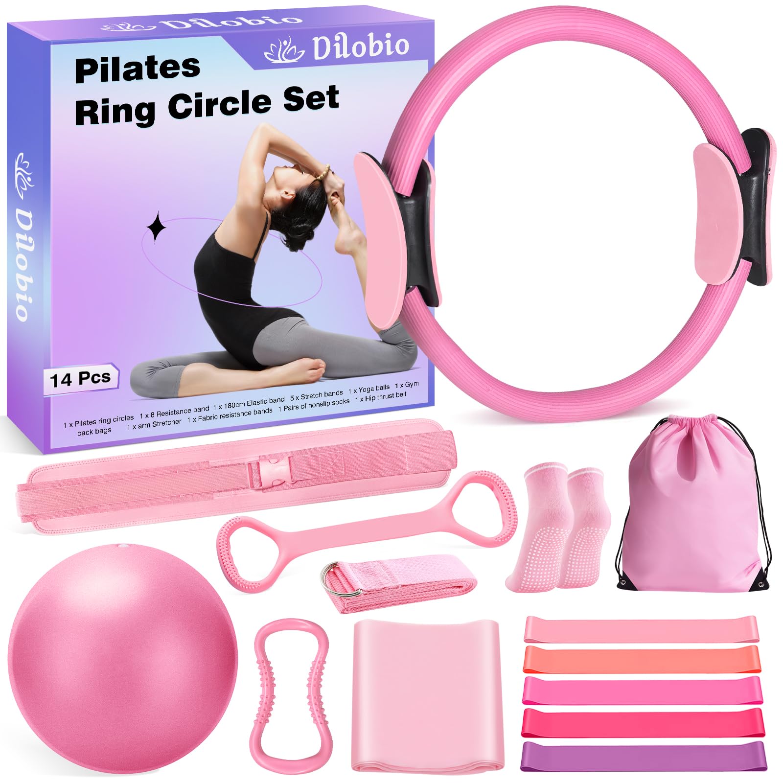 Pilates Kit, Home Pilates Essentials Kit for Women, Pilates Equipment Ring and Ball Set, Magic Circle with 5 Resistance Bands, Hip Thrust Belt & Accessories, Toning Fitness Starter Set
