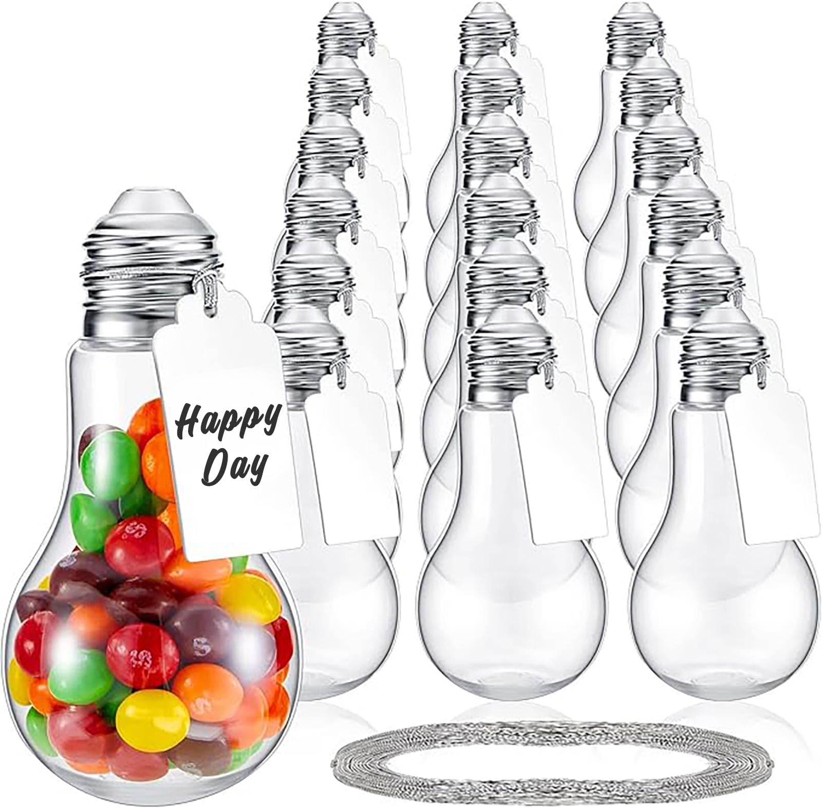 Tessco for you 48 Pieces 100 ml Plastic Light Bulb Jars with Card and String, Light Bulb Candy Containers Clear Candy Jars Fillable Lightbulb Ornaments for Birthday Crafts Party Favors(Silver)