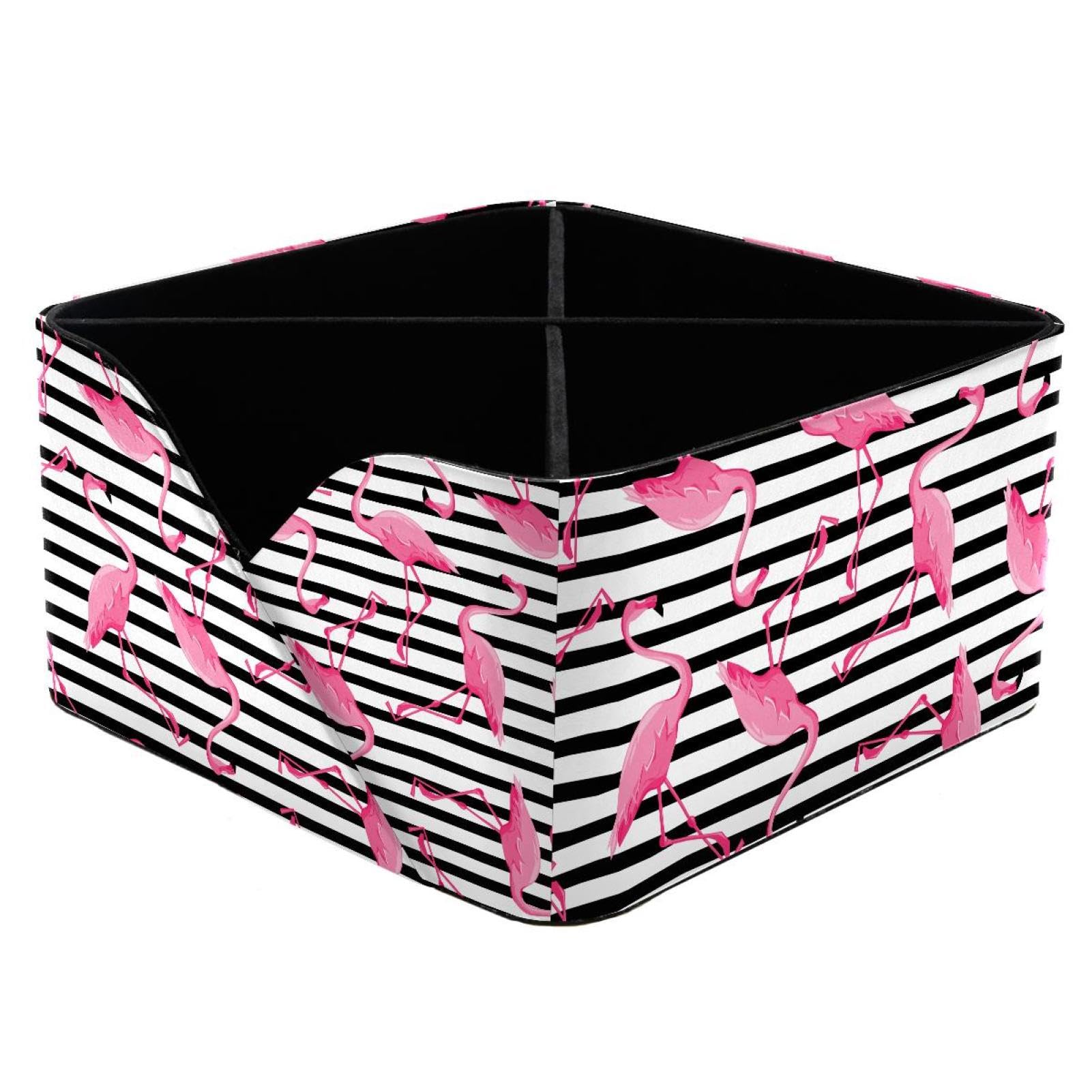 KengjuTesu Pink Flamingo Tropical Stribe Pattern Desktop Organizer Pen Holder, Rectangular Pencil Cup for Office, Study and Makeup Stations