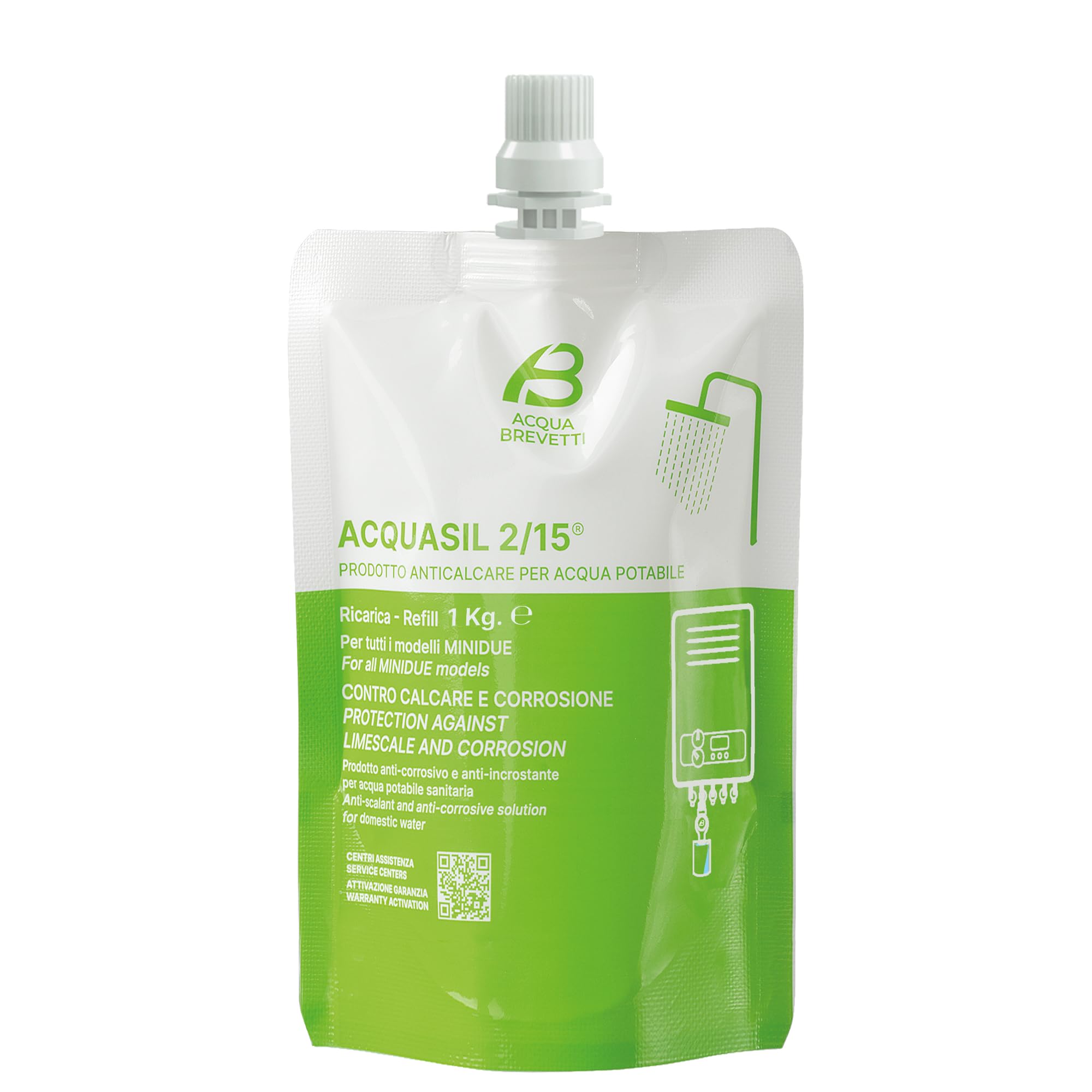 Acqua Brevetti Acquasil 2/15® PC104 Recharge sac de 1 kg pour pompes doseuses Minidue et Minidrop, anticalcaire, anti-corrosion, eau potable