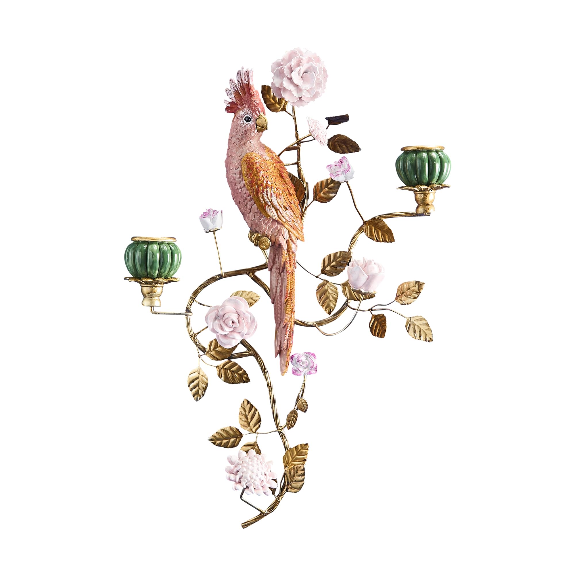 Design XL Wandkerzenhalter Papagei Gold – Statement Kerzenleuchter mit Blumen, Deko, handbemalt, 59x39,5x12 cm (H/B/T)