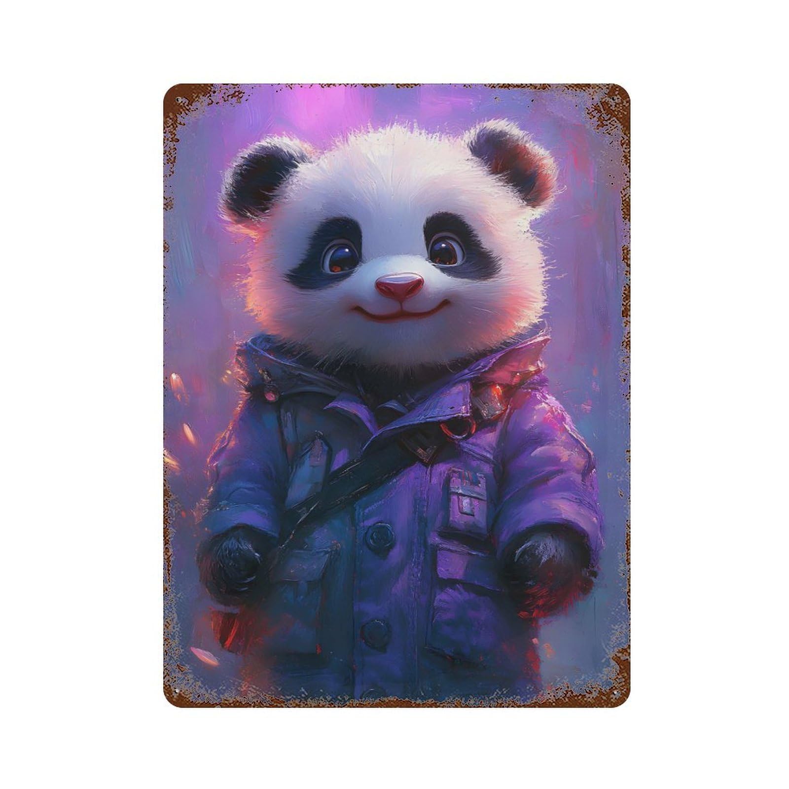 Cute Panda in Purple Coat Weathered Tin Sign 15.7"x11.8", Shabby Chic Decor for Garage, Pub Or Kitchen