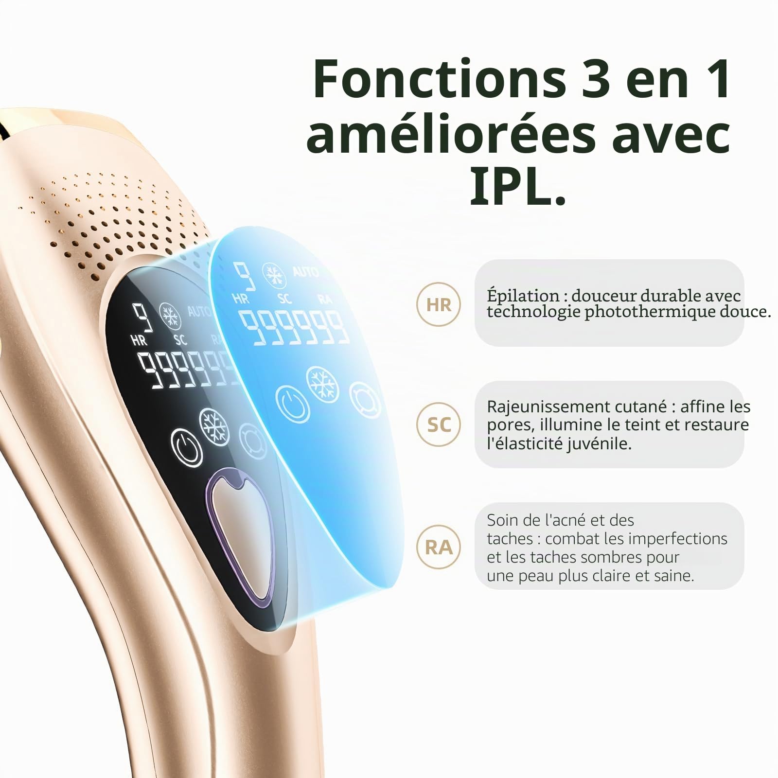 Épilateur Lumière Pulsée IPL pour Femme et Homme, Épilateur Laser avec Fonction de Refroidissement, 999900 Impulsions, 9 Niveaux d'Énergie, Visage, Corps, Aisselles et Maillot Or rose Pro