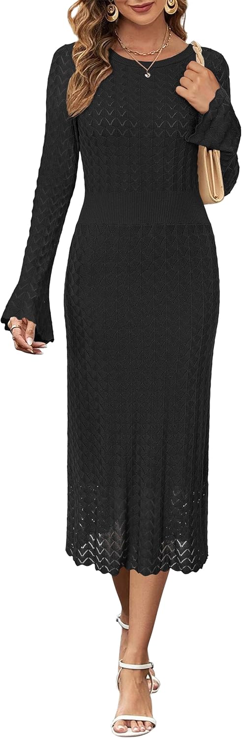 Newshows Women Winter Sweater Dresses 2026 Church Midi Long Sleeve Hollow Knit Modest Business Casual Outfits