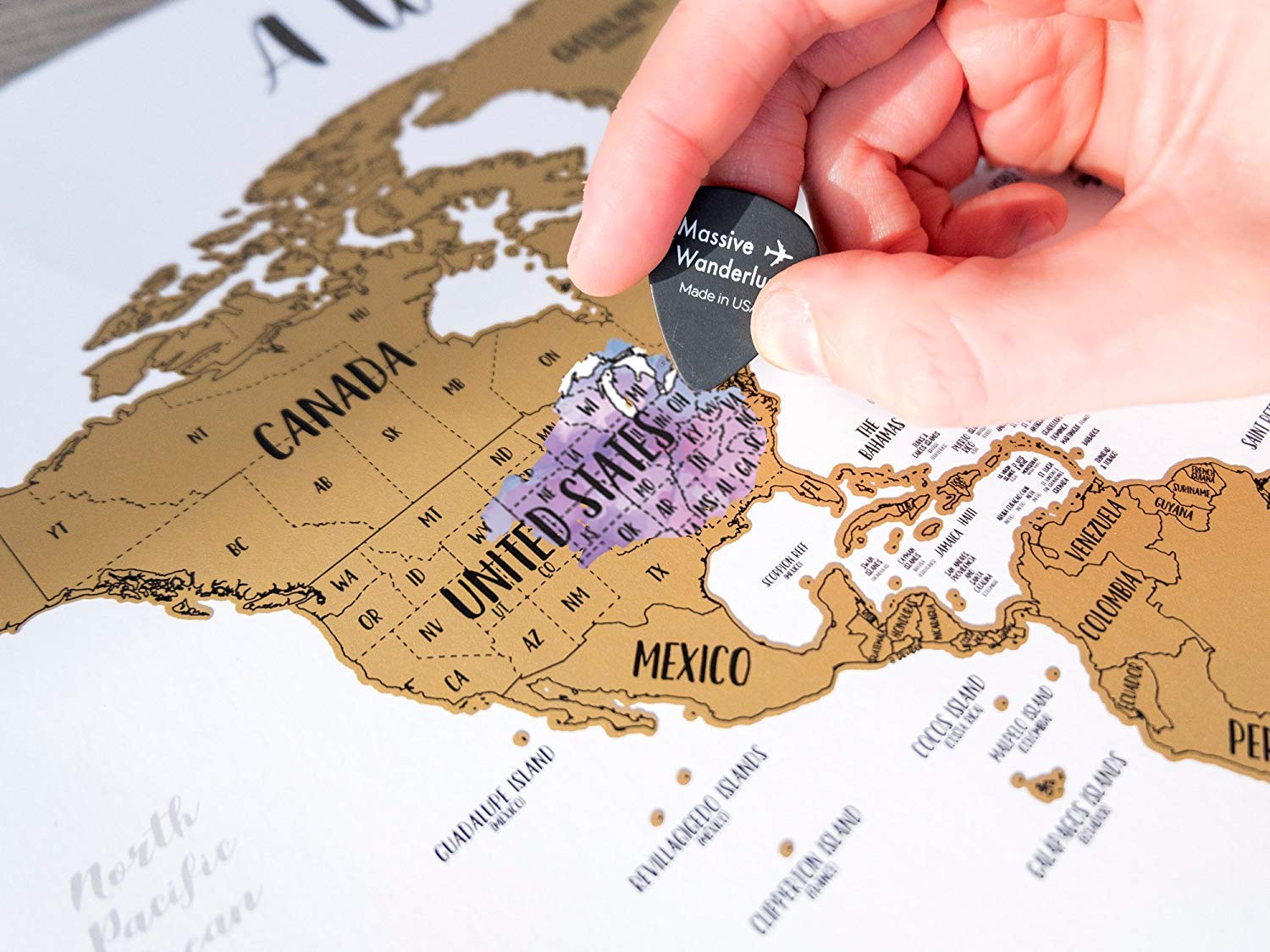 Scratch-Off Your World Travels! - Large Size 17x23.5" - 100% Made in USA - Watercolor - Gold Foil - With Pick and Unique Gift Sticker - Gift For Travelers