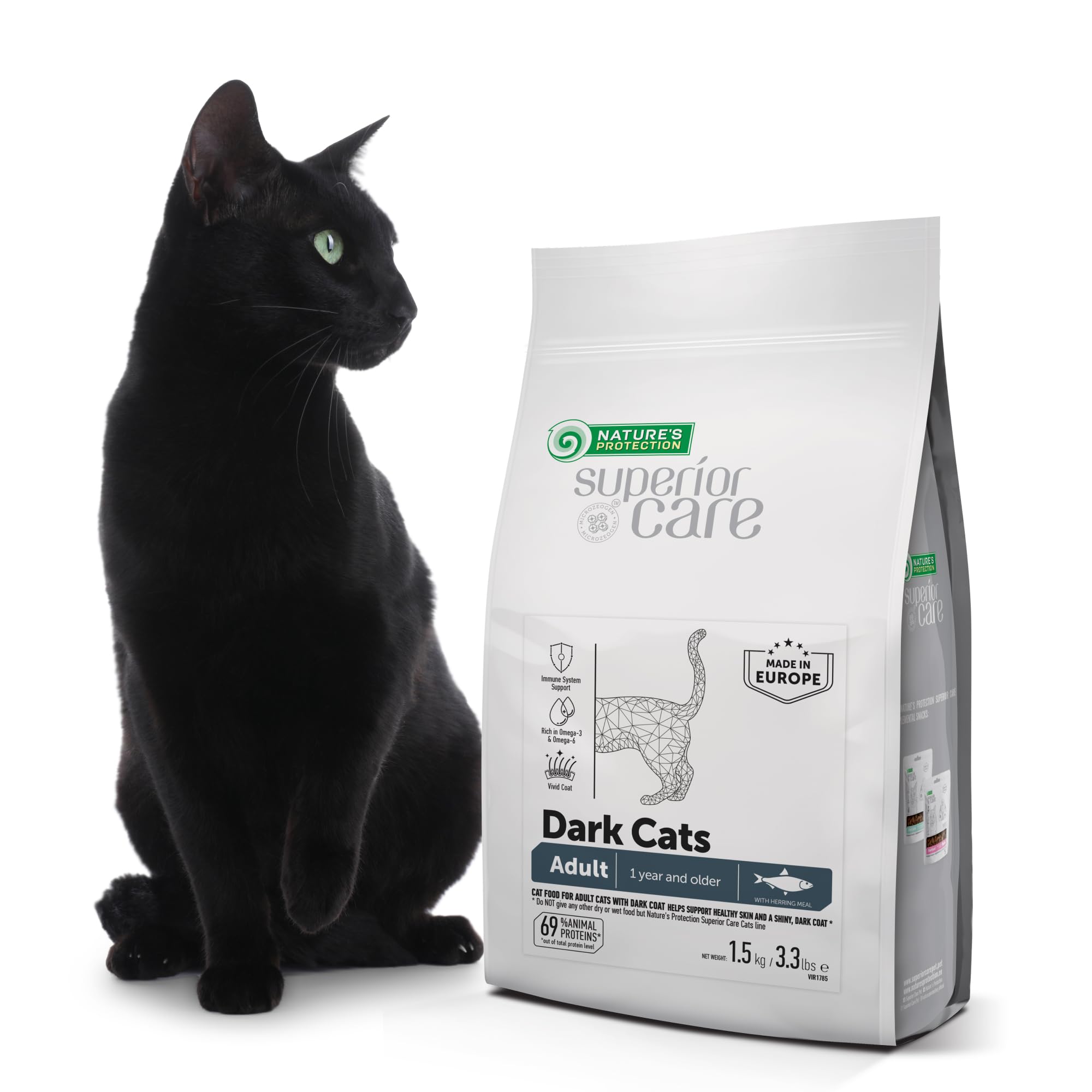 Nature's Protection Superior Care Dark Cats Grain Free Dry Cat Food with Herring, Adult All Breeds Dark Coated Cats, No Tear Stains, No Hairball 3.3 lb