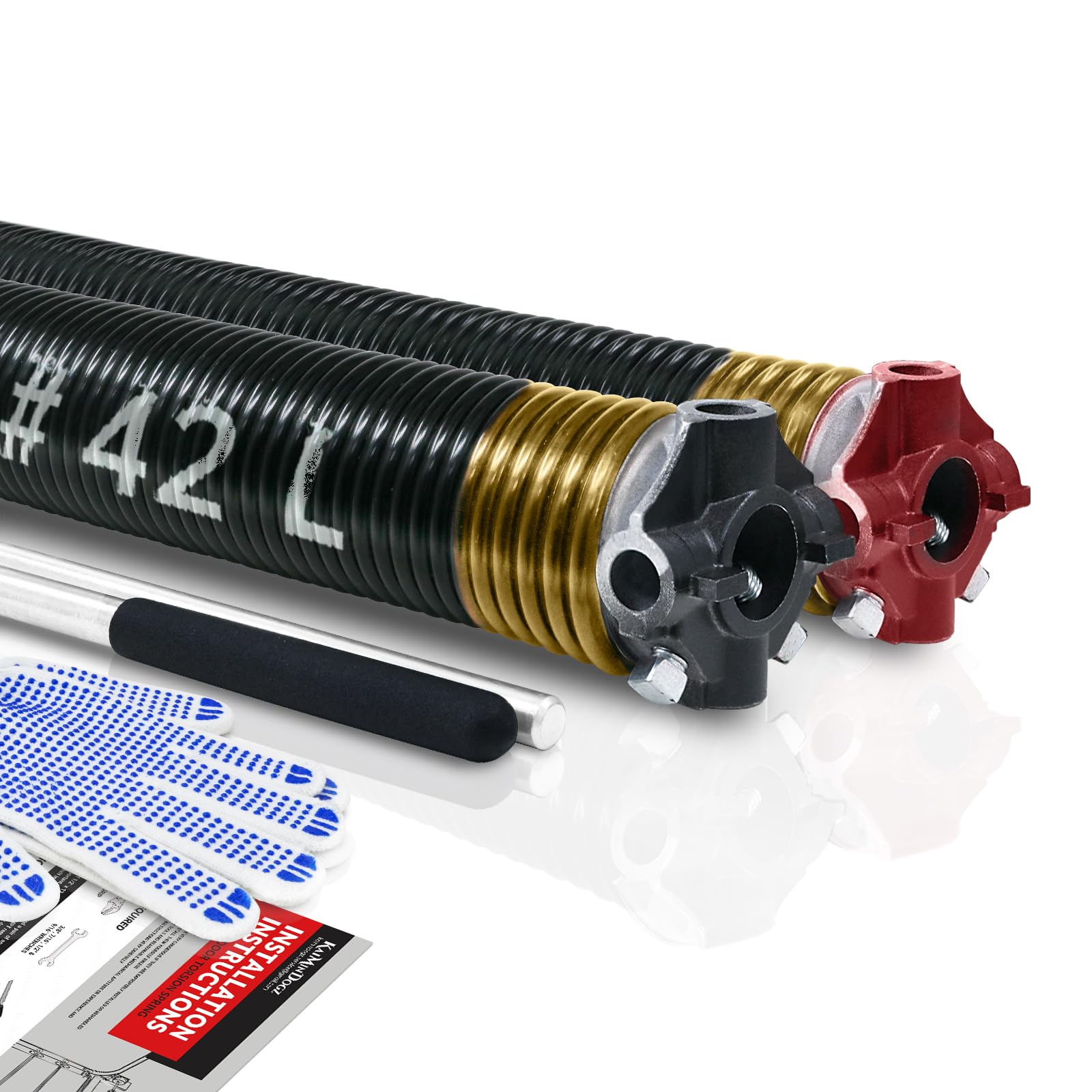 KaiMinDogz Pair of 2" Garage Door Torsion Springs Set with Non-Slip Winding Bar & Gloves,High Precision Electrophoresis Black Coated, for Replacement & Installation, MIN 16,000 Cycles (0.250x2''x42'')