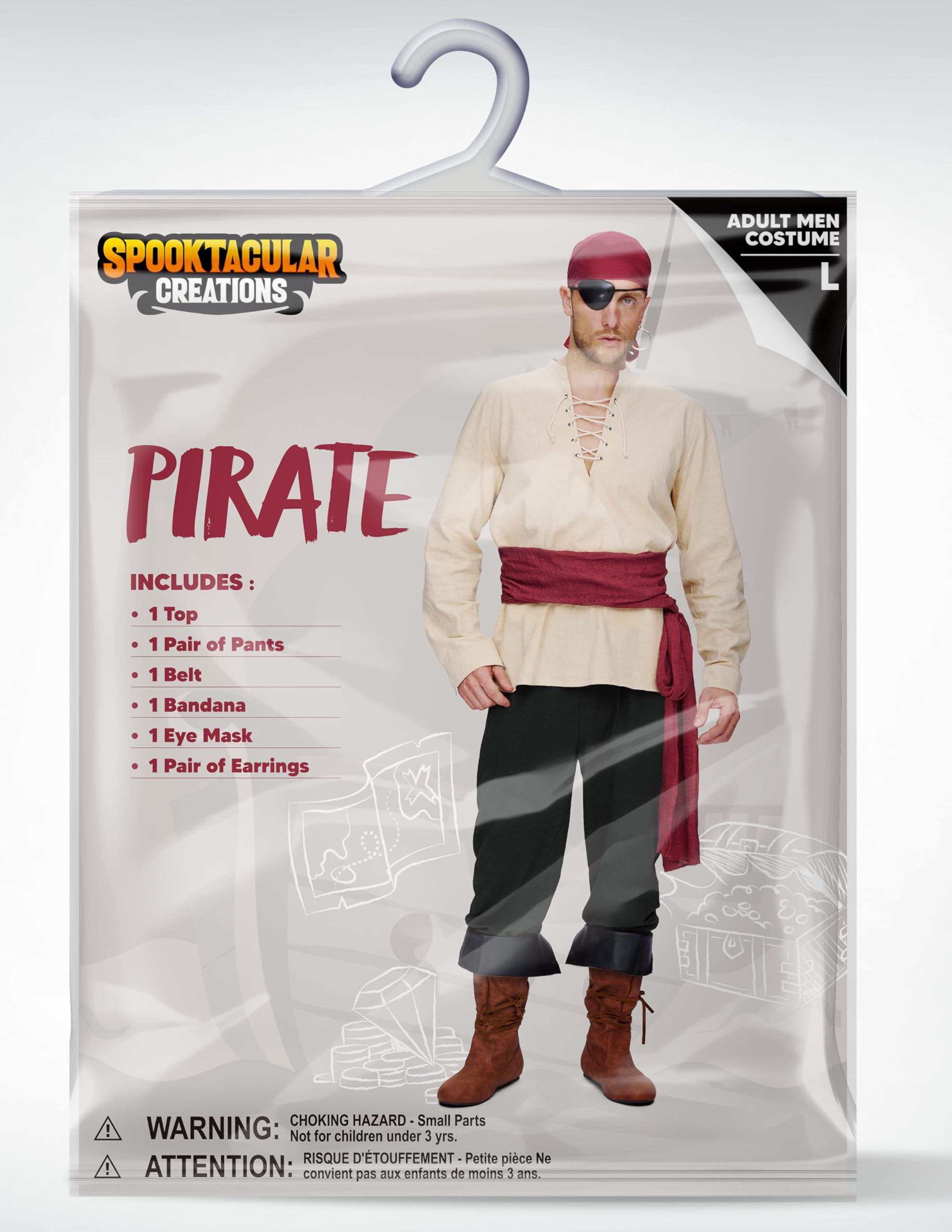 Spooktacular Creations 6-częściowy męski kostium piracki w stylu renesansowym, średniowieczny, wiking, beżowo-czarny, z koszulą, spodnie w paski, opaska na oko, bandana