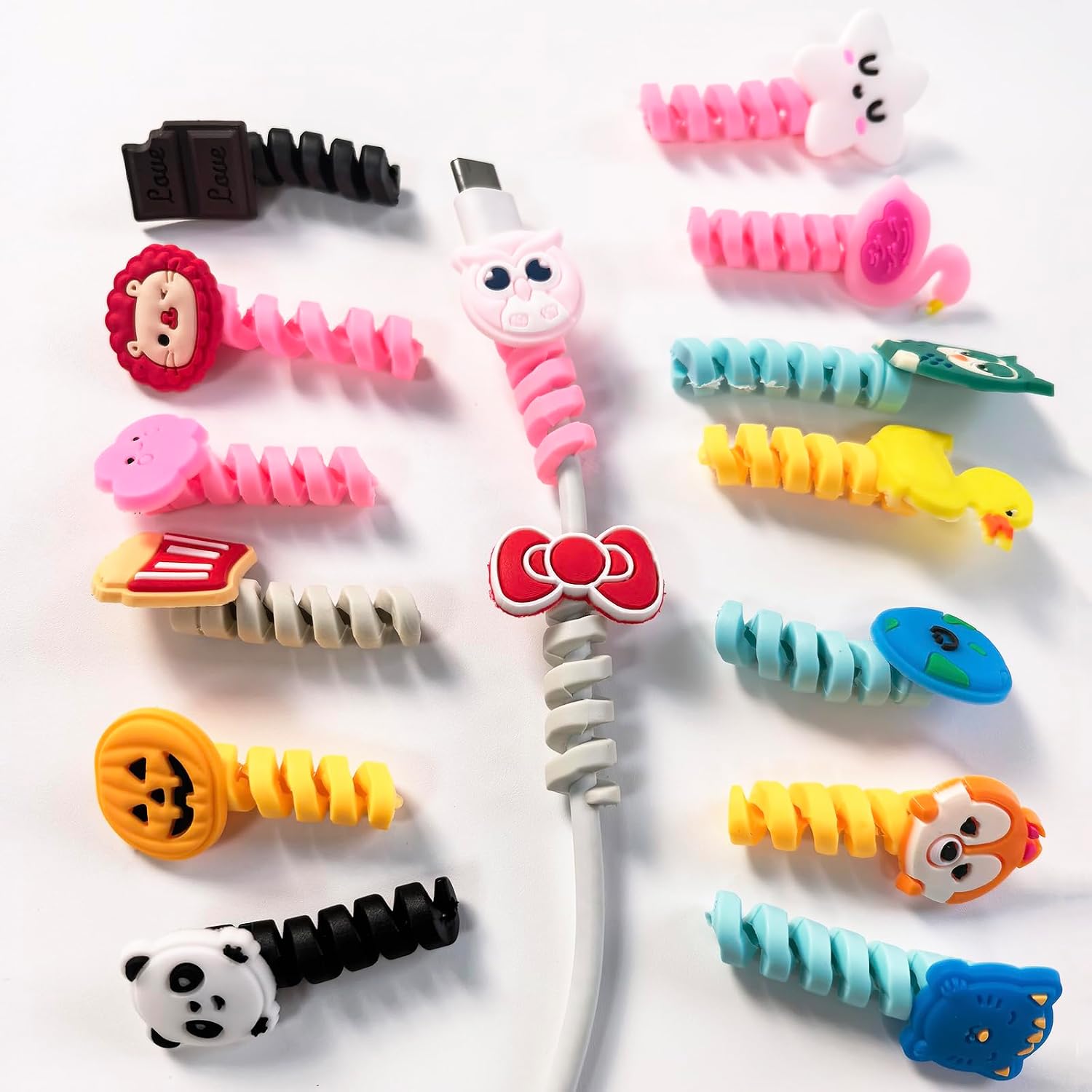 Cute Cartoon Animal Cable Protectors, 15 Pack Spiral Silicone Charger Cord Savers, Anti-Fray & Anti-Break Wire Protectors for USB-C Micro-USB Lightning Cables, Colorful Flexible Cable Decorations