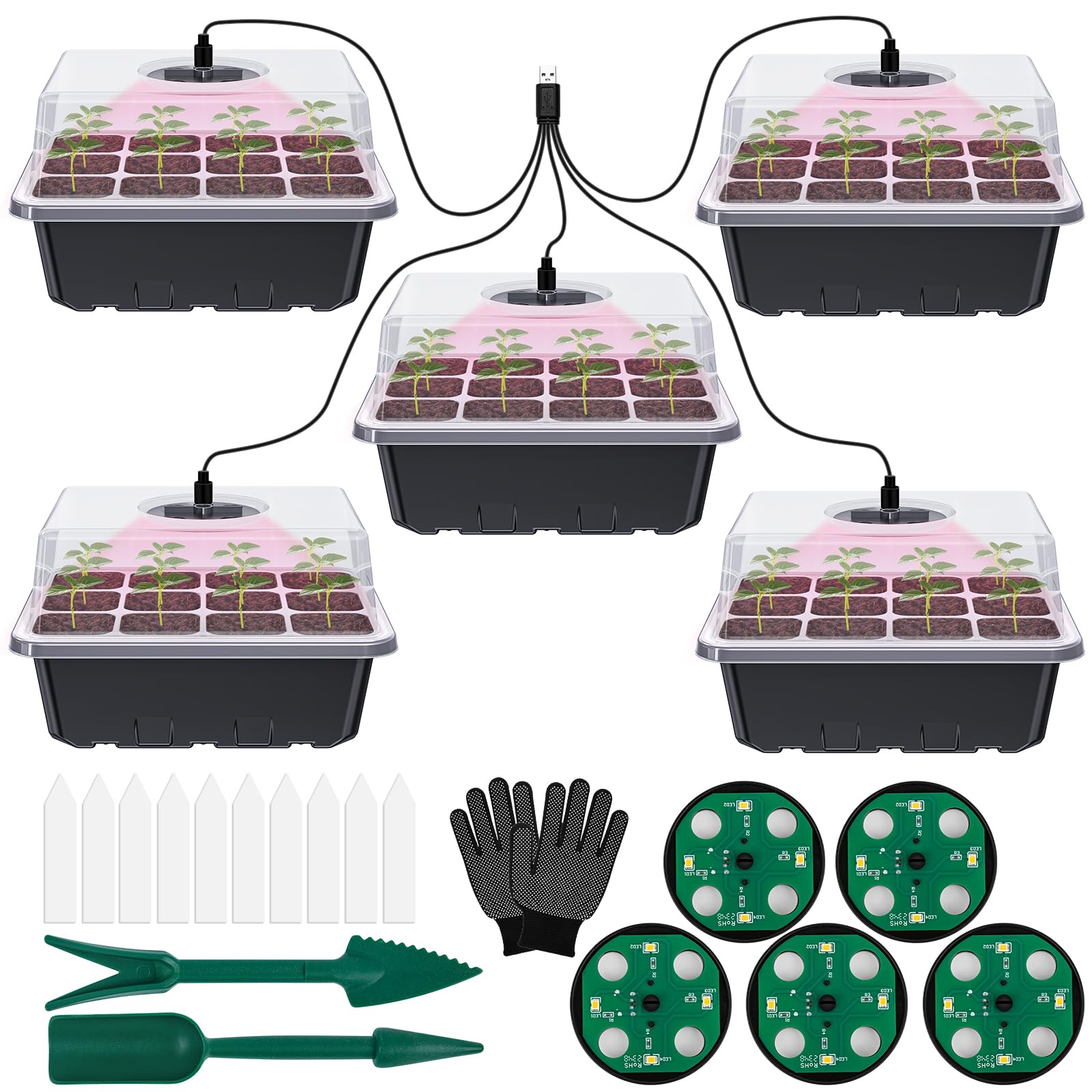 Vassoio Germogliante, 5 Pezzi Lampada Di Crescita per Promuovere La Crescita Delle Piante, Un Kit Di Propagazione Di Semi Serra Completamente Attrezzato