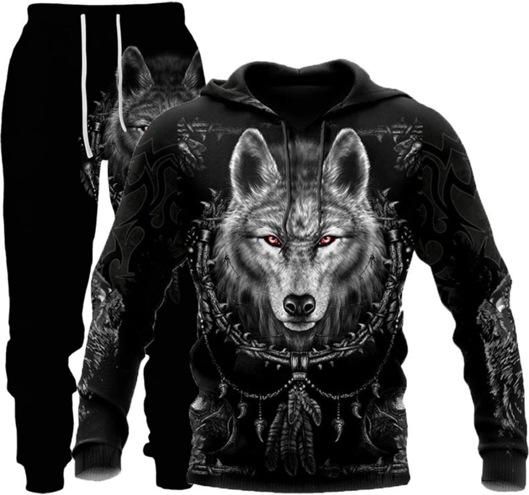 Hiegi 3D Wolf Men's Jogging Suit Tracksuit Sports Suit Fitness Sports Trousers Hoodie Pants Training Suit with Hood, XL