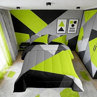 Erosebridal Lime Green Black Grey Bedding Set Geometric Triangle Comforter Set Twin Patchwork