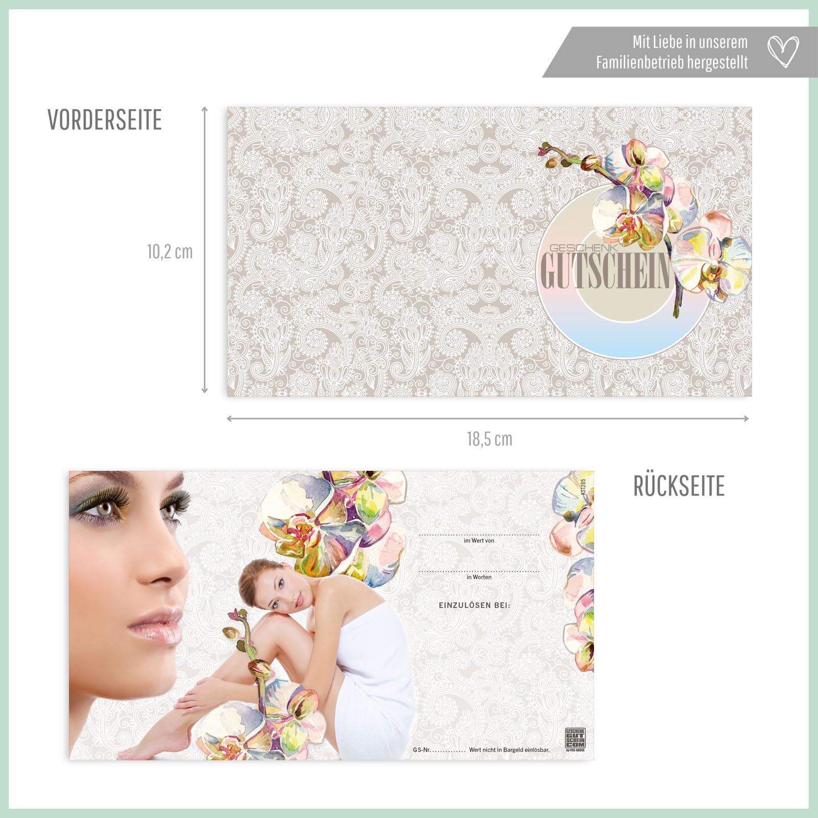 GESCHENKGUTSCHEINcom - 50 Gutscheine mit Umschlag/Schleife für Kosmetikinstitut Kosmetik Wellness - Geschenkgutschein-Vordruck blanko KS1265-2-50