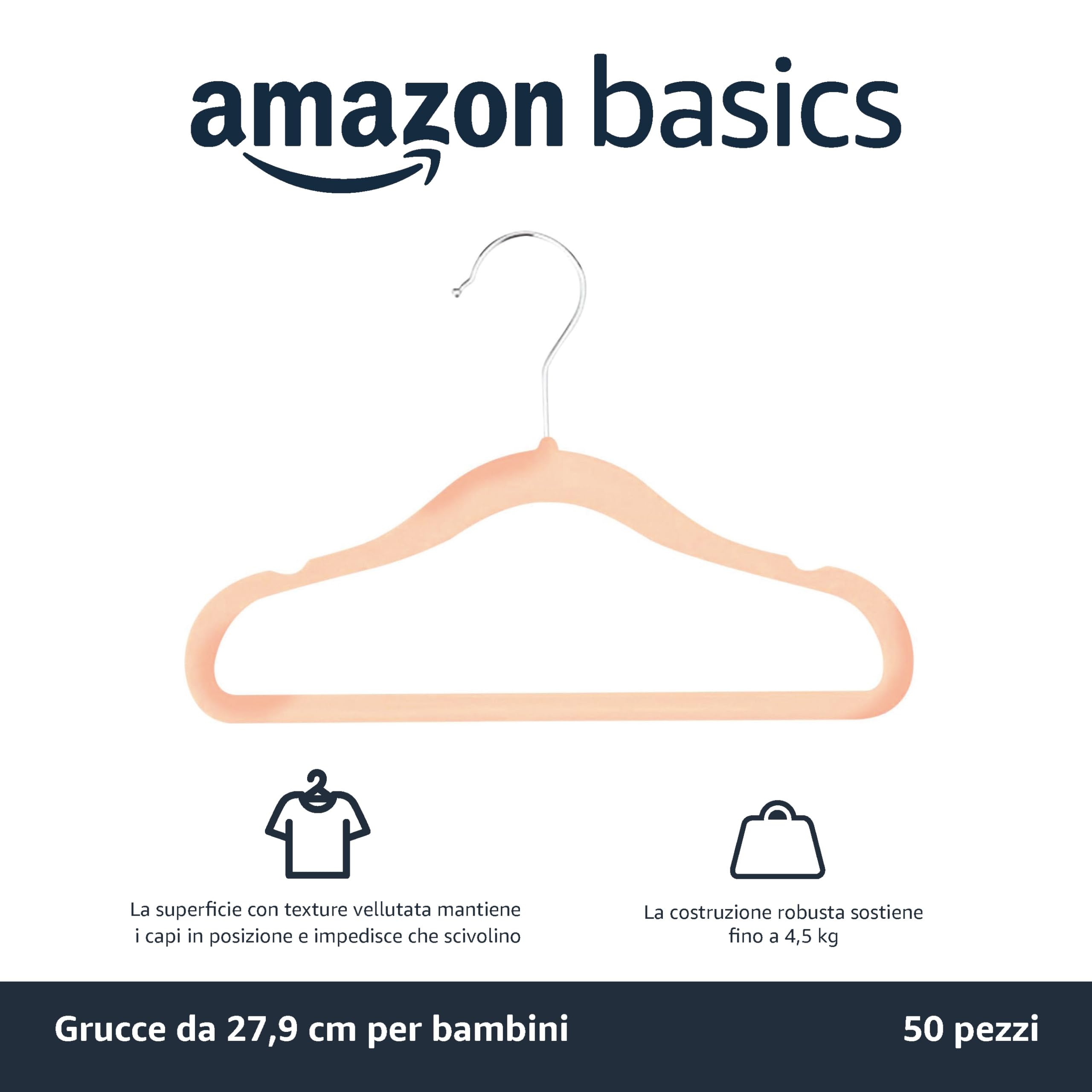 Amazon Basics - Grucce Appendiabiti Antiscivolo in Velluto per Neonati e Bambini Piccoli, 29,5 cm (per Vestiti per Neonati), Confezione Da 50, Blush
