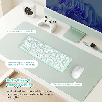 Wireless Keyboard and Mouse Set, XTREMTEC Compact Size Cute Retro Round Silent Keycap - 2.4GHz Ultra Slim Quiet Aesthetic Keyboard, UK Layout Compatible with Mac OS & Windows PC Laptop (Macaron Green)