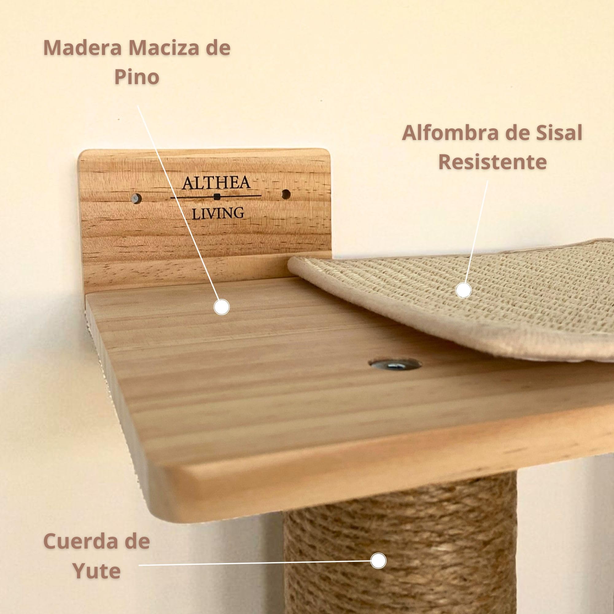 Árbol Rascador para Gatos Interior Salina 127 cm con Sistema Anticaída | Suelo o Pared, Madera de Pino Natural con Sisal y Cuerda de Yute | ALTHEA LIVING