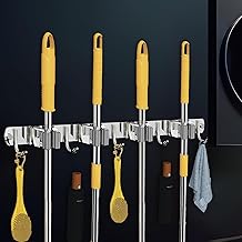 CANWAY® 1 Piece Stainless Steel 4 Racks with 5 Hooks Heavy Duty Wall Mounted Broom and Mop Stick Holder, Hanging Tools for Home Kitchen Garden Laundry Garage (Silver)