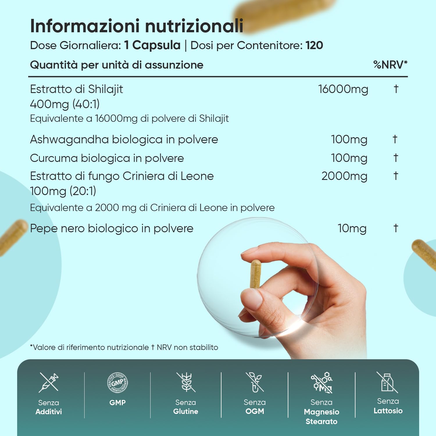 Shilajit Complex 18210mg, 120 Capsule Vegane, 1 al Giorno (per 4 Mesi), con Ashwagandha Bio, Curcuma Bio, Lions Mane Mushroom, Pepe Nero, Shilajit Integratore, Estratto 40:1, Senza Magnesio Stearato