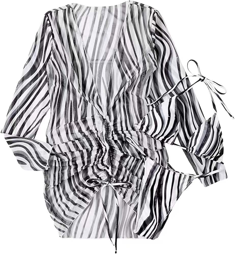ZYWWomen's 3 Piece Printed Triangle Halter Bikini Bathing Low Waisted Suit with Push-Up long sleeve Cover Up Swimsuits