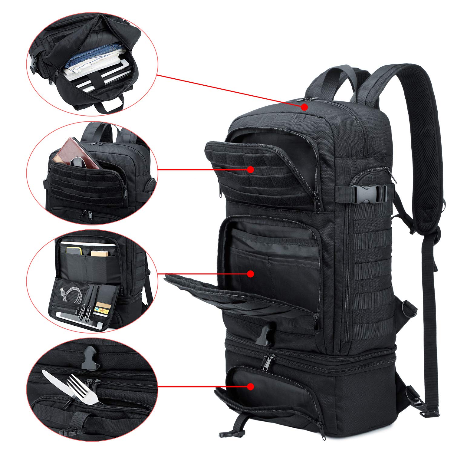 BERTASCHE Plecak na lunch dla mężczyzn, plecak na laptopa z izolowanym pudełkiem chłodzącym, torba robocza do biura, podróży, uni, wędrówek, taktyczny, Molle, czarny