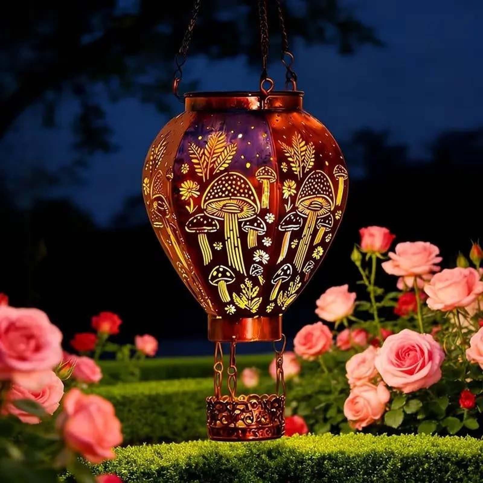 Solar-Powered Hot Air Balloon Lantern, Vintage Hanging Solar Light, Waterproof Metal Lamp, Garden Ornament for Patio, Outdoor Use (Mushroom)