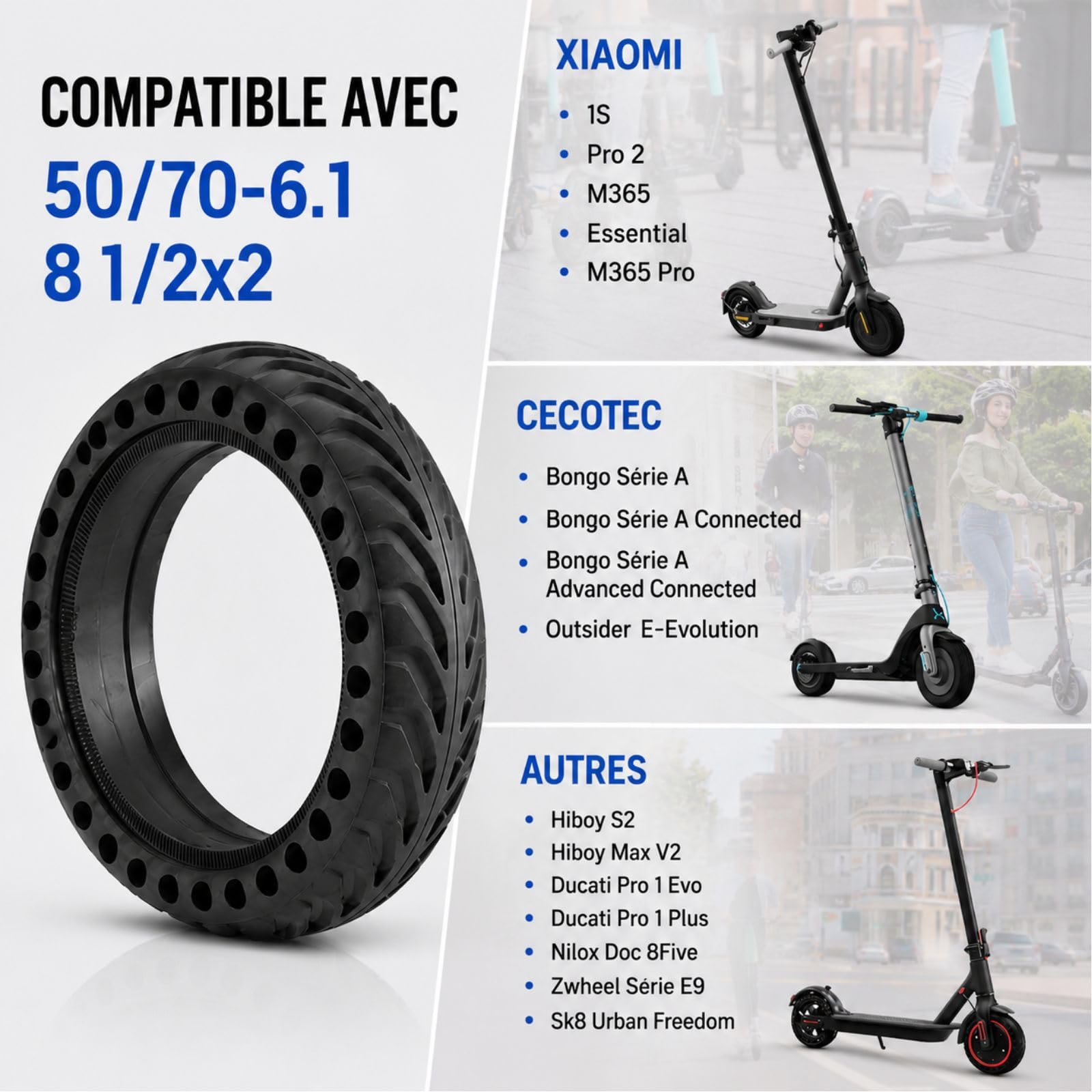 ANSENI Pneu Plein 8,5 Pouces Pneu de Remplacement Antidérapant pour Trottinette Électrique,Compatible avec Xiaomi M365/1S/Essential/Pro/Pro