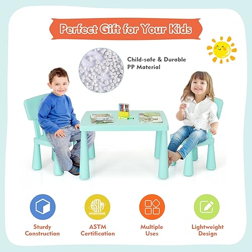 Miniatura 37 de COSTWAY Juego de mesa y sillas para niños de 3 piezas, centro de actividades infantiles de plástico ligero para leer, escribir, pintar, merienda,