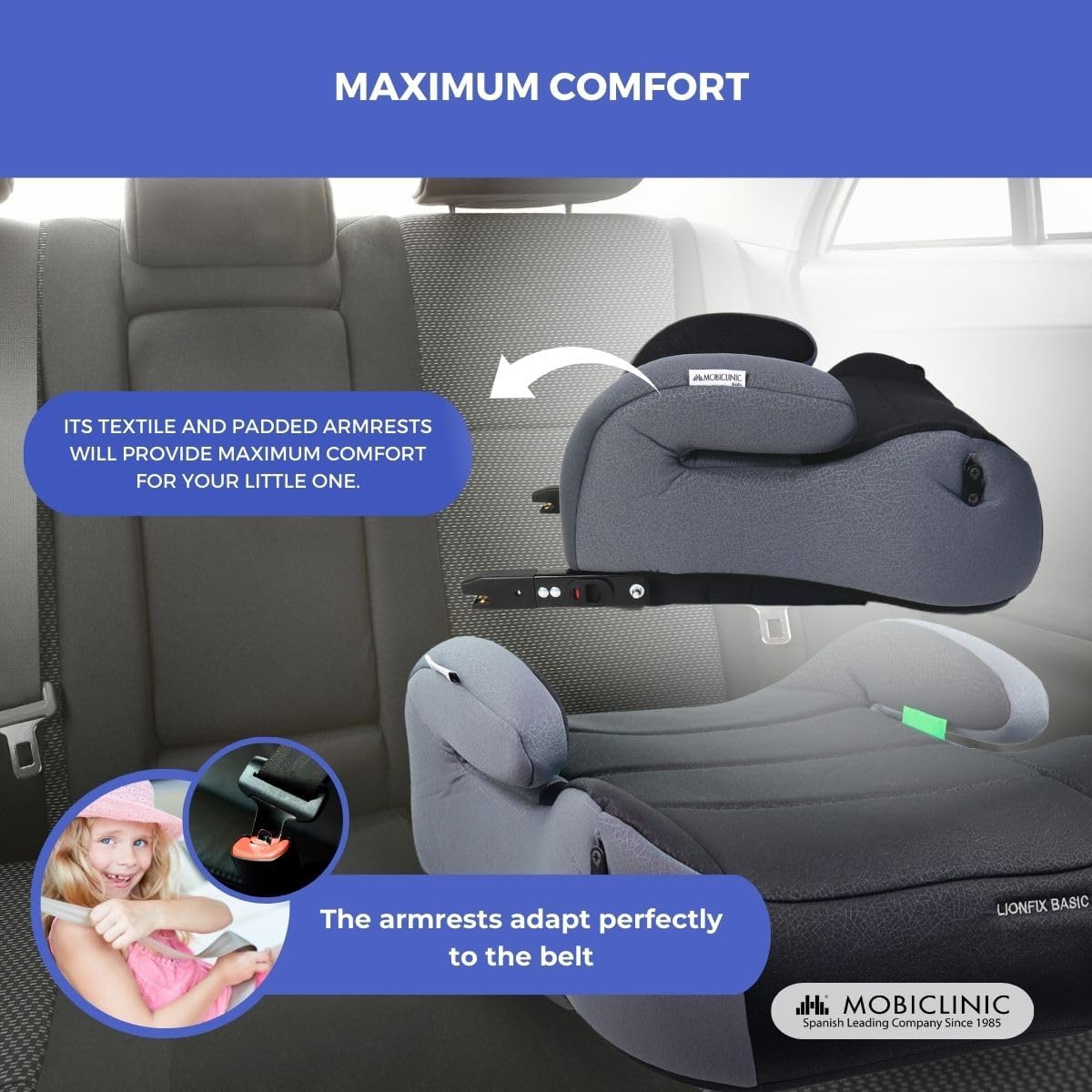 Mobiclinic® Kids, Booster seat, I-Size, Bottle Holder, for Children from 125-150 cm, IsoFix System, Removable and Washable Cover, Lionfix Basic, R129 Standard, Armrest and Textile Upholstery 8 71sgpTWnv3L. AC SL1200