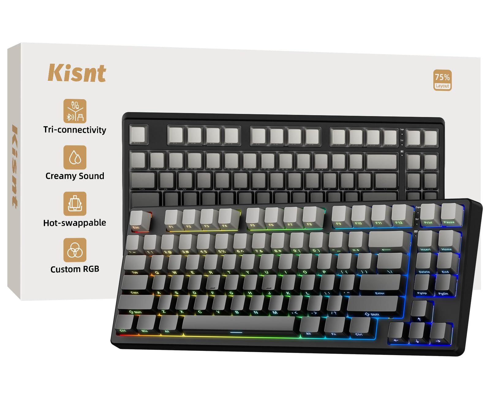 Kisnt KN85 Wireless Mechanical Keyboard, 75% Layout with Side Printed PBT Keycaps, Blueto…
