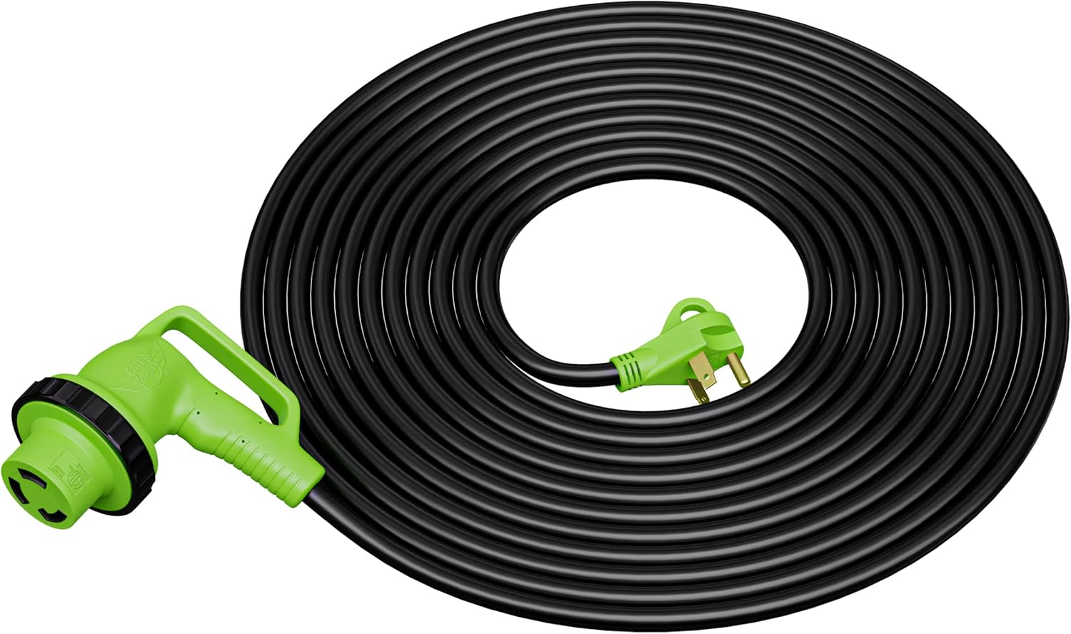 90 Degree 50' Power/Extension Cord with 30 AMP Male Standard / 30 AMP Female 90 Degree Locking Adapter (30 Amp - 50 Foot)
