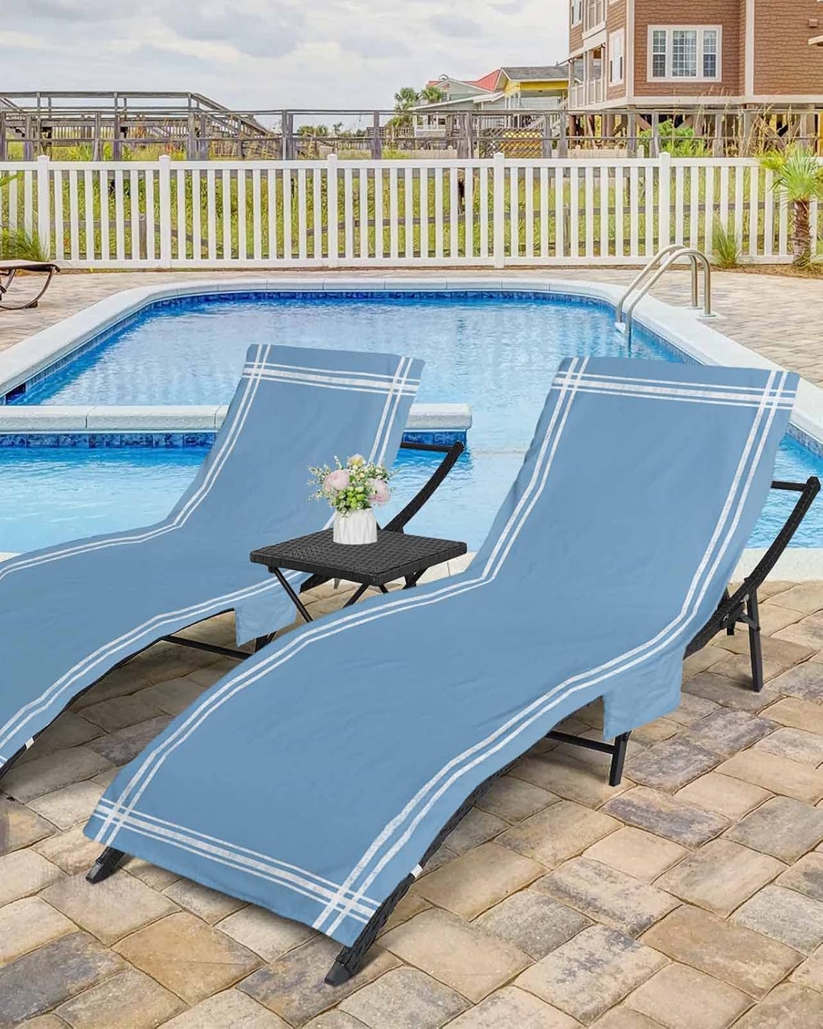 Solid Light Blue Chaise Lounge Cover - Beach Chair Towel, Pure Color Pool Lounger Chair Covers with Side Pocket, Towels Cover for Sunbathing Patio Hotel, 85 x 29 In