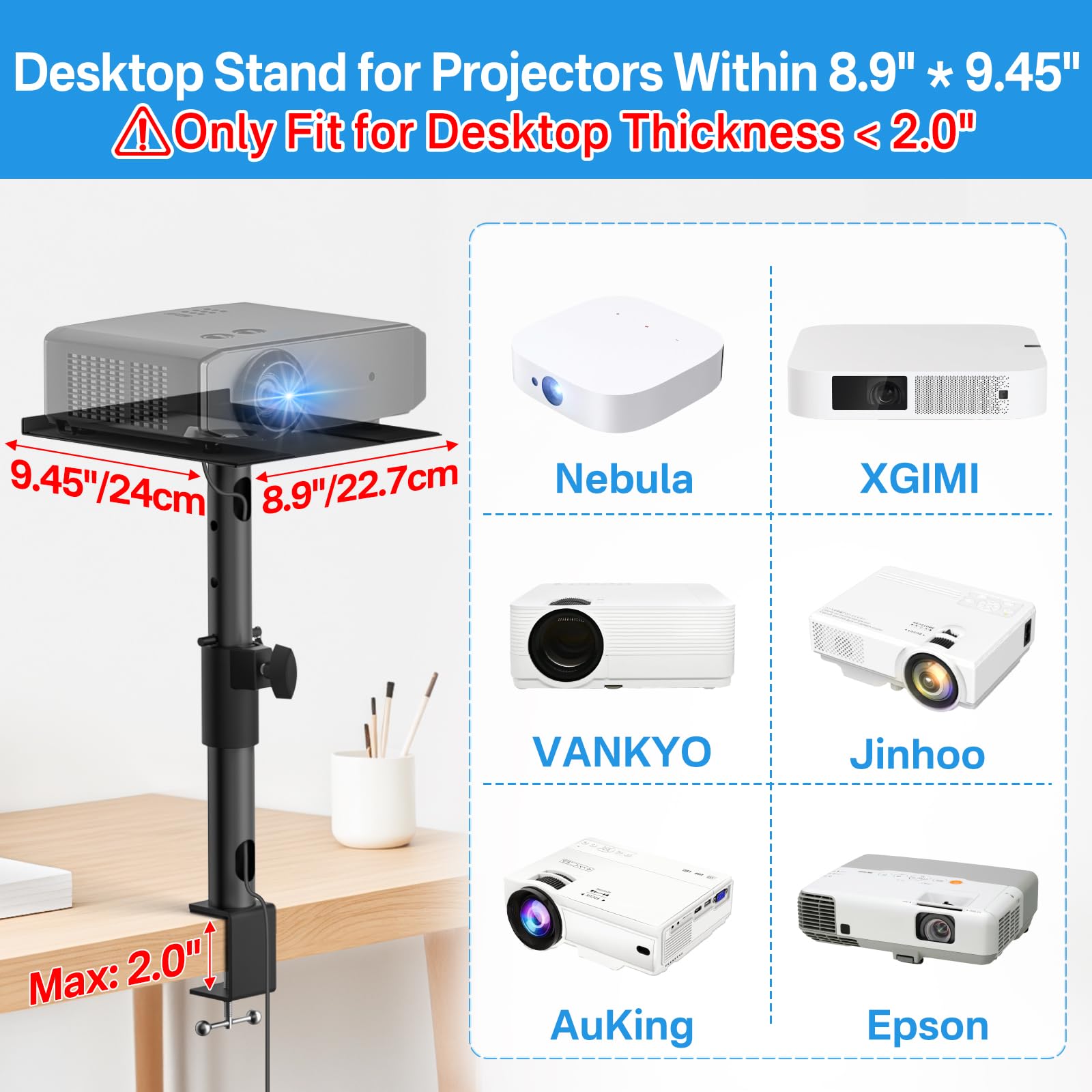 Height, Tilt & Swivel Adjustable Desktop Projector Stand Table for Aurzen Nebula XGIMI VANKYO Jinhoo AuKing Epson and Most Projectors - Desk Projector Stand Clamp on Desktop Wr Headphone Holder, 2 Pack