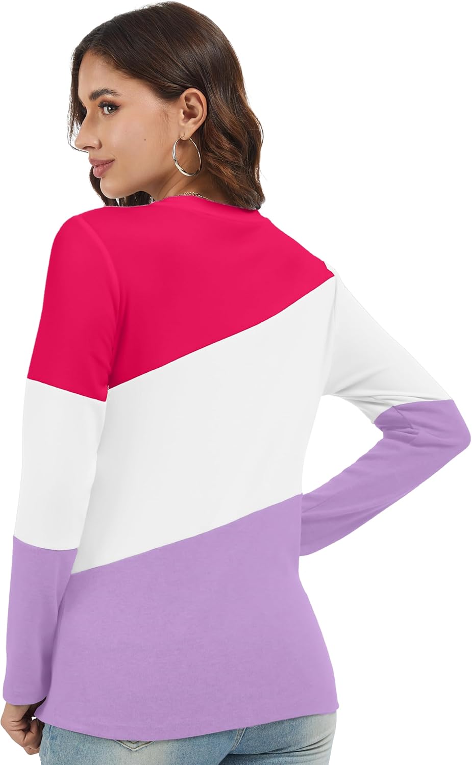 Women's Color Block Tunics Tops Crewneck Long Sleeve Shirts Casual Pullover Loose Fit T-Shirt - Image 5