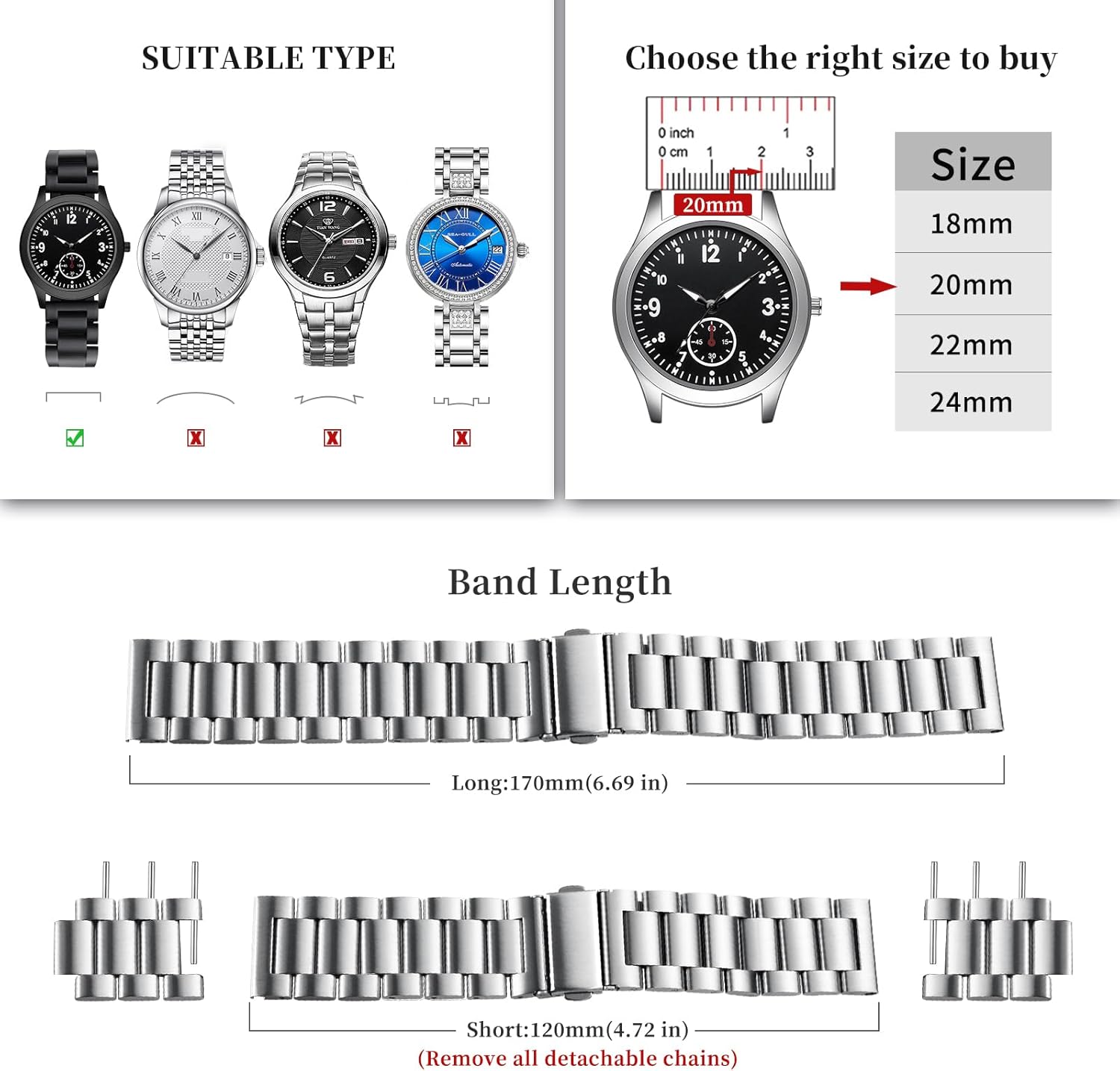 BOSHIYA Quick Release Stainless Steel Watch Strap 18mm, 20mm, 22mm or 24mm Metal Watch Band for Men Women, Fits Samsung Galaxy Watch 6/5/4/3,Garmin Watch,Huawei Watch, Black/Silver - Image 5