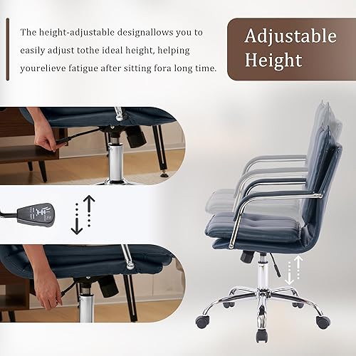 Miniatura 5 de Silla de oficina ergonómica de cuero con respaldo medio, moderna silla de escritorio ejecutiva tapizada con marco dorado y reposabrazos para