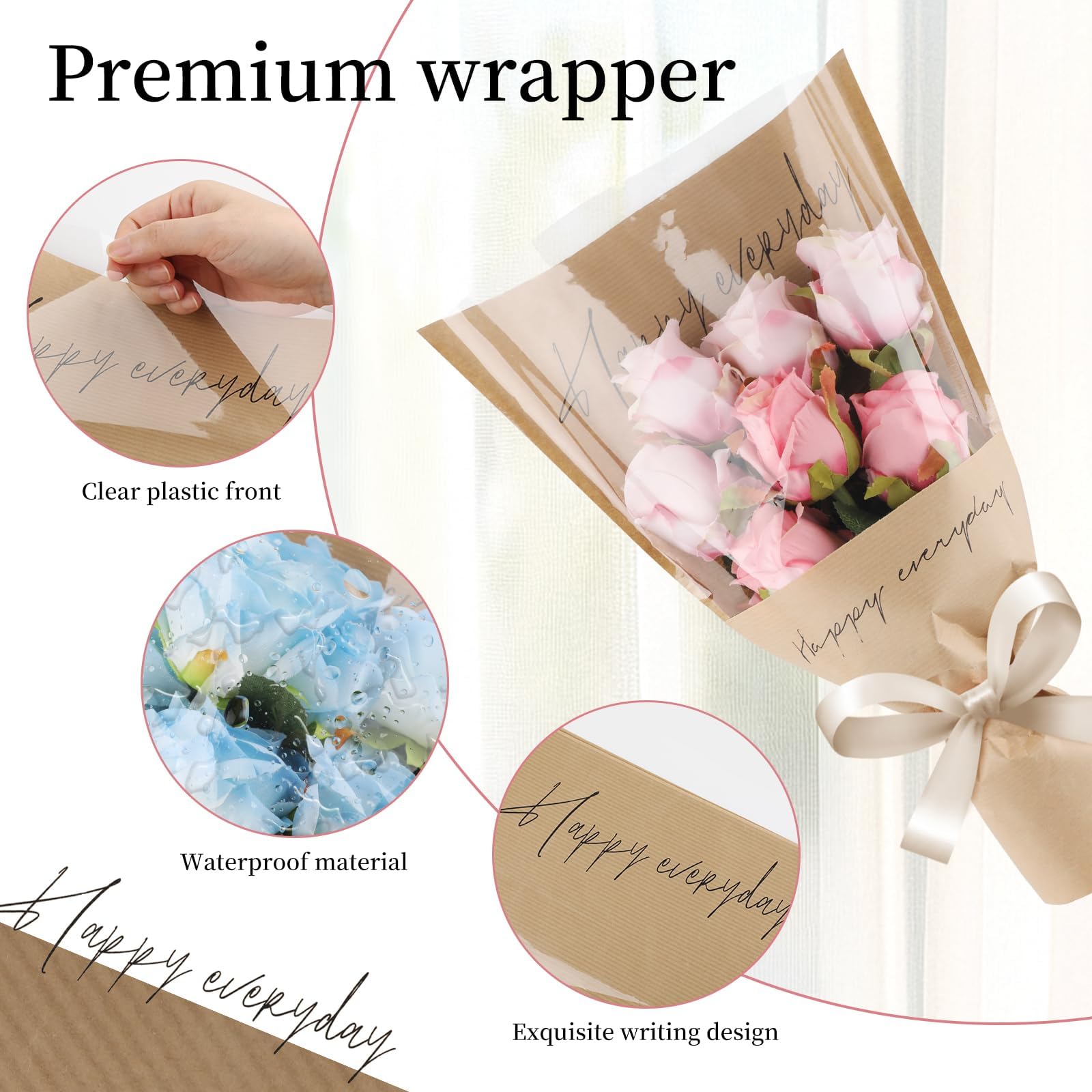 100 sacchetti da regalo per fiori con stampa "Happy Everyday", 28 x 43 cm, in carta kraft, trasparenti, per bouquet di fiori, confezioni regalo, forniture per matrimoni
