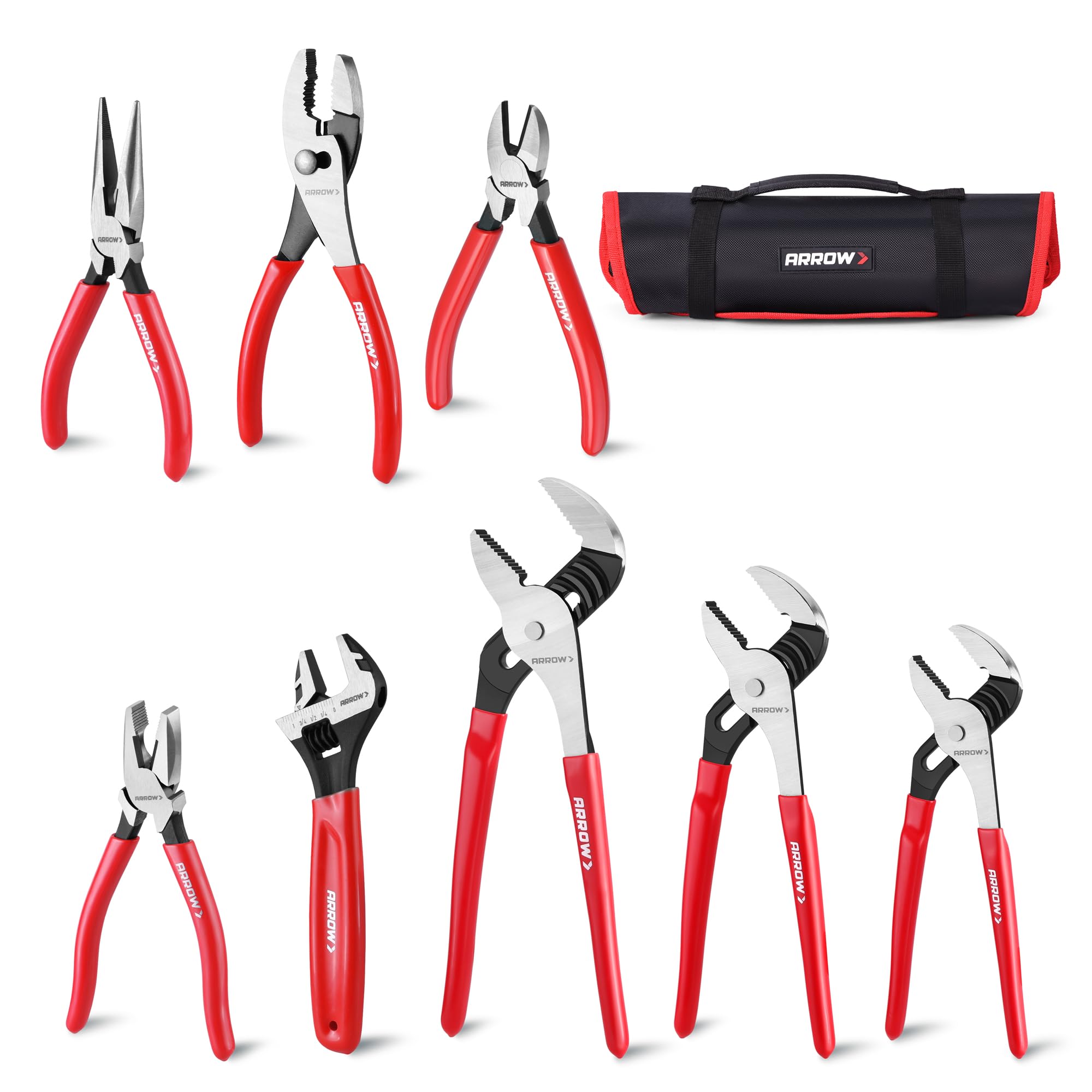 ARROW 8PCS Pliers & Wrench Set, 6" Needle Nose Pliers, 6" Diagonal, 7" Linesman, 8" Slip Joint, 8" & 10" & 12" Groove Joint and CRV 8" Adjustable Wrench, Portable Rolling Bag With Handle