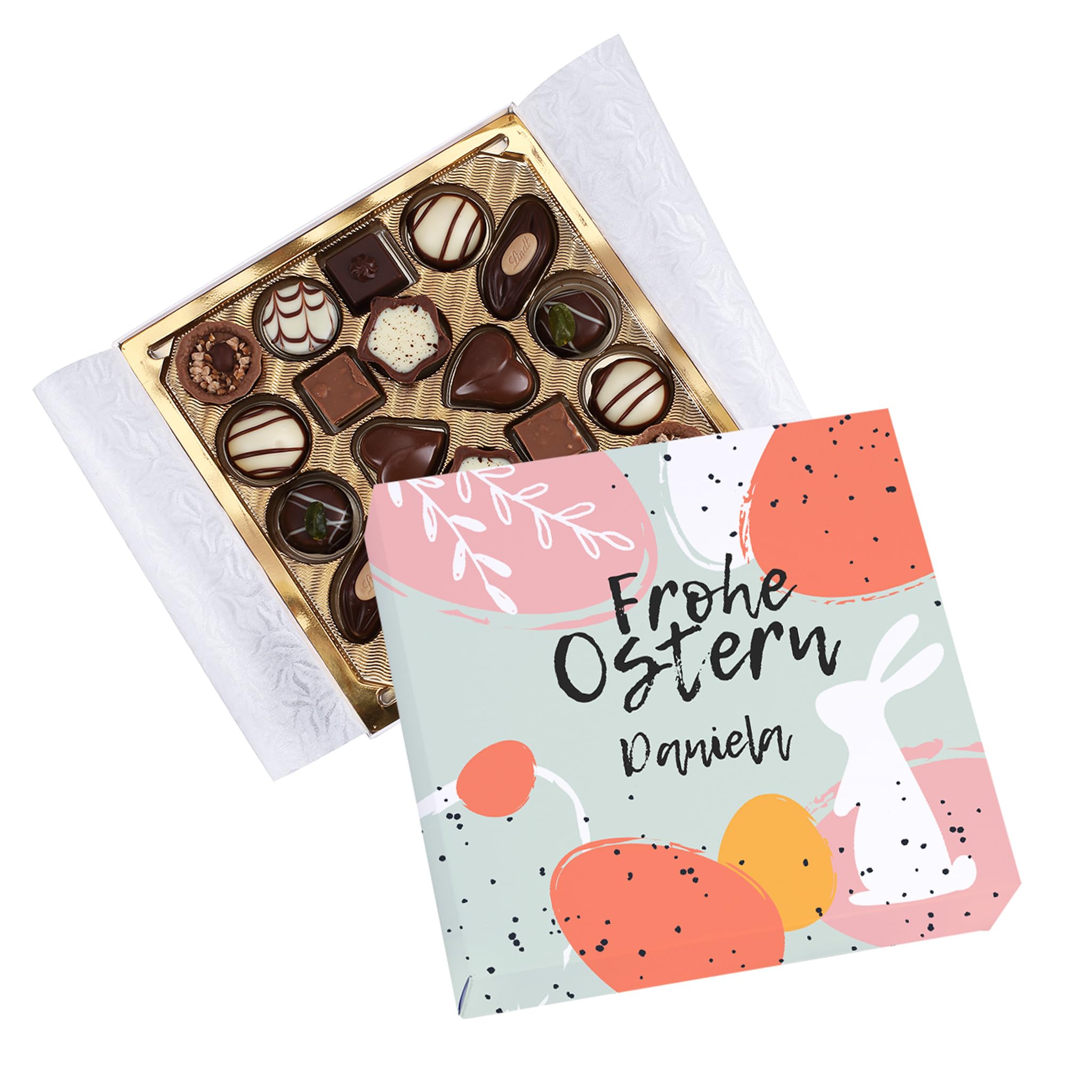 Herz & Heim® Pralinen zu Ostern personalisiert mit Name – 100g Pralinenschachtel „Frohe Ostern“ – Oster Geschenk für Familie, Freunde & Kollegen