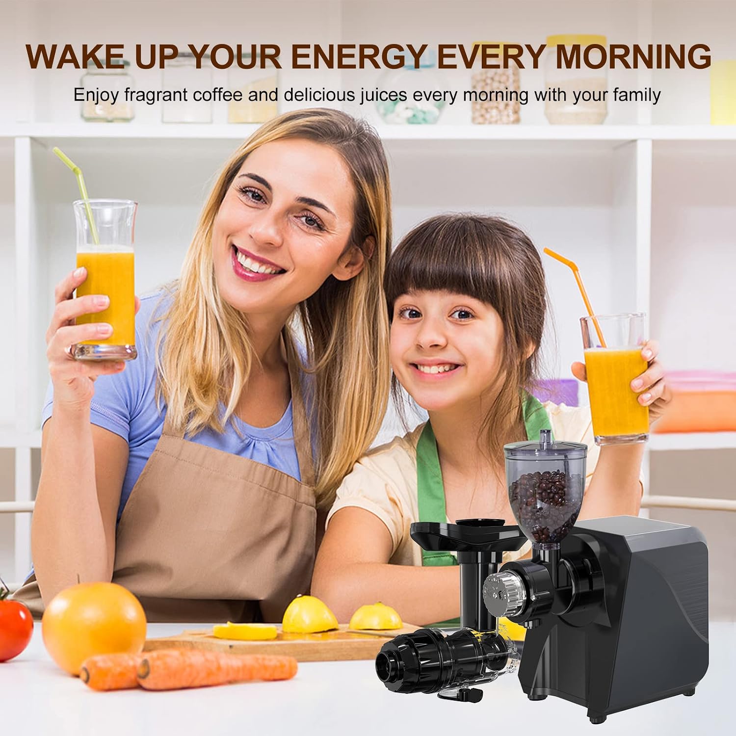 Multifunctional Slow Juicer & Burr Coffee Grinder 2-In-1, Celery Carrot Cold Press Juicer Extractor with High Juice Yield Easy to Clean, 18 Custom Milling for Bean Spices Grains Herbs, Quiet Motor