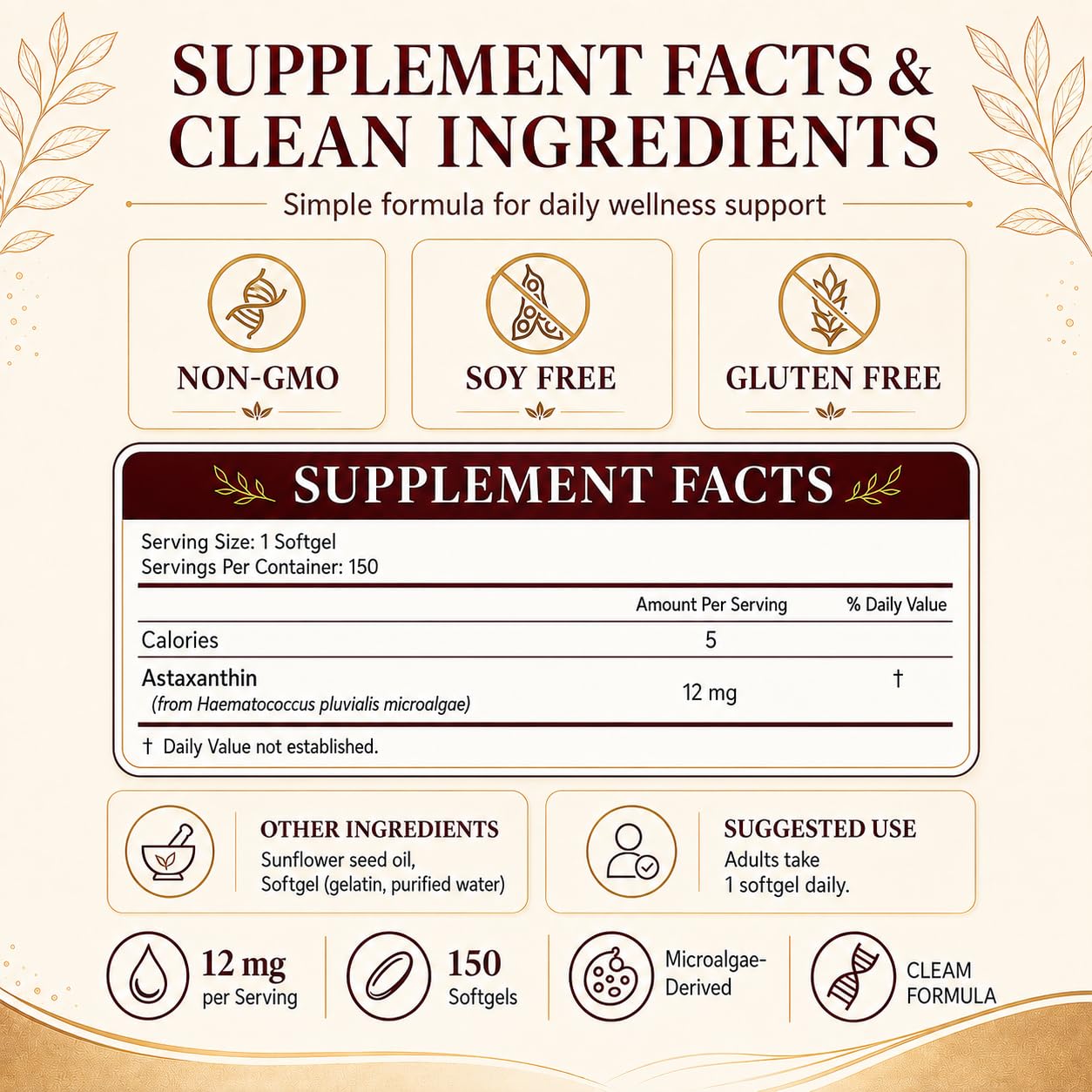 Astaxanthin Supplements 12mg 150 Softgels, Premium Astaxanthin Antioxidant Supplement, Supports Eye, Skin, Joint, Brain, Heart & Immune System Health, Fresh Microalgae Source, Non-GMO & No Gluten — Amazon image 2