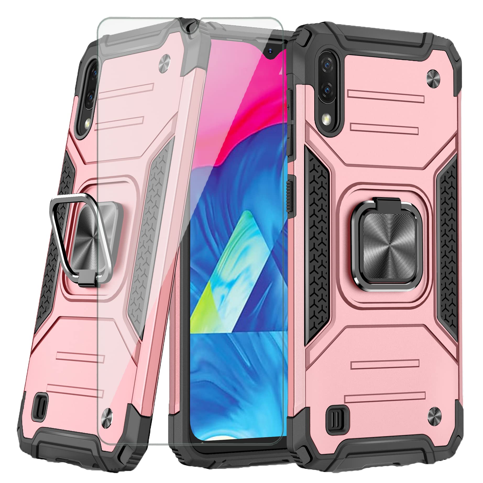 Asuwish Compatible with Samsung Galaxy A10 Case and Tempered Glass Screen Protector Cell Accessories Ring Holder Stand Kickstand Protective Phone