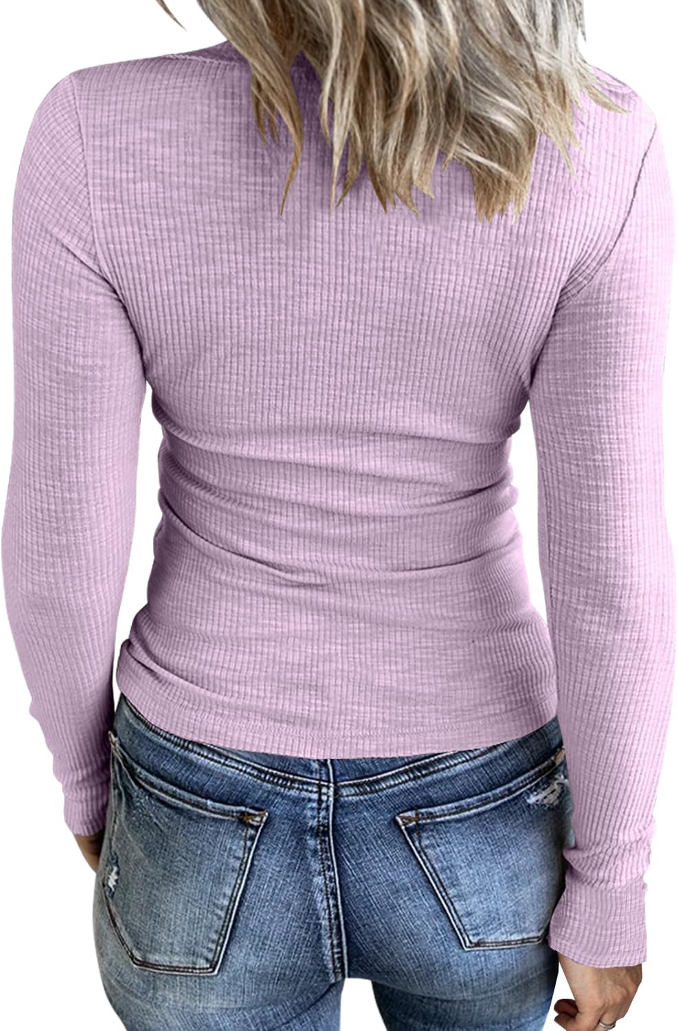 KINLONSAIR Women Casual Long Sleeve Tunic V-Neck Slim Fit T Shirts Basic Tee Tops Crew Neck Ribbed Knit Solid Shirt - Image 2