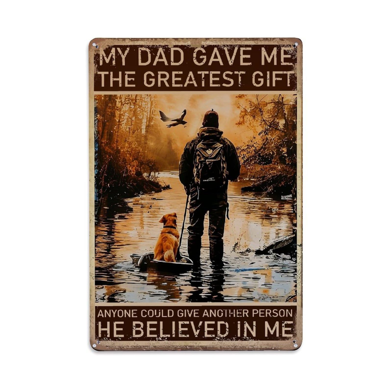Man Dog River Bird Backpack Retro Metal Tin Sign, Vintage Decor Art Poster for Bar, Home, Man Cave, Kitchen, Laundry Room Gift 8x12Inch