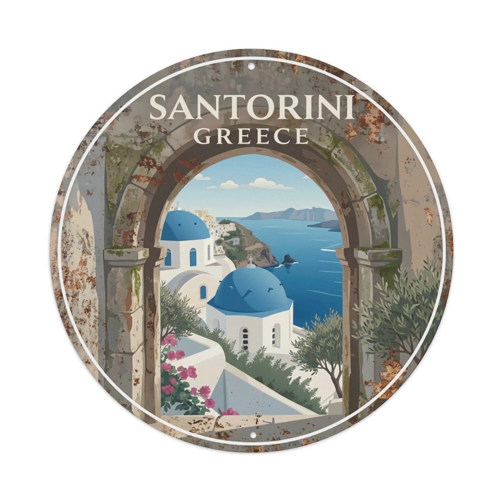 Vintage Travel Archway Santorini Stone Metal Tin Sign
